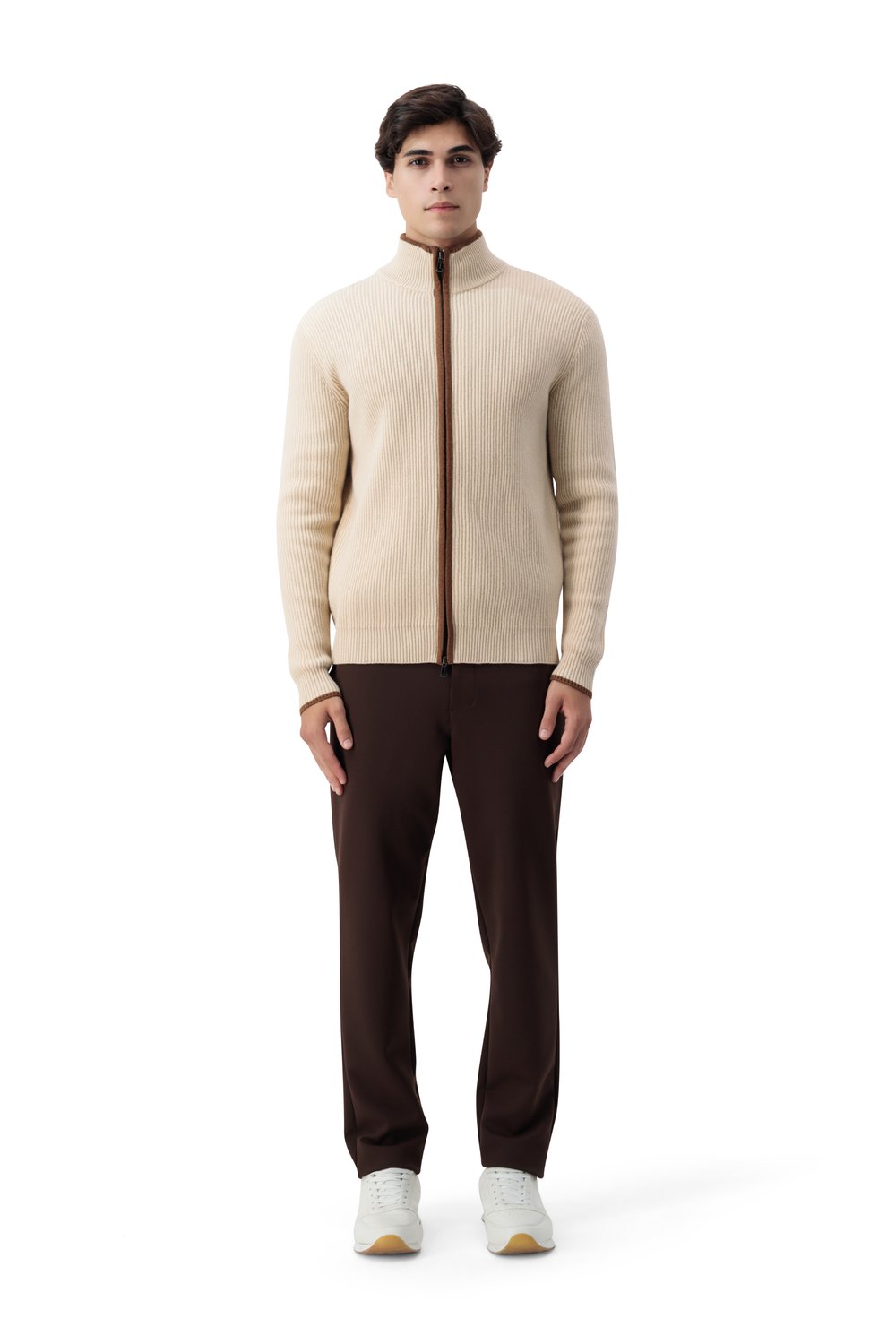 Full zip rib  merino wool sweater macaron
 carob