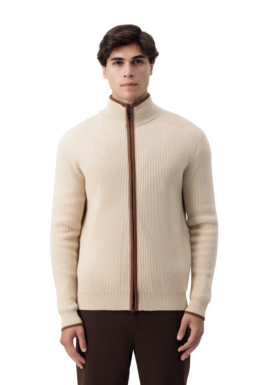 بلوفر صوف ميرينو بسحاب كامل - كريمي بيج