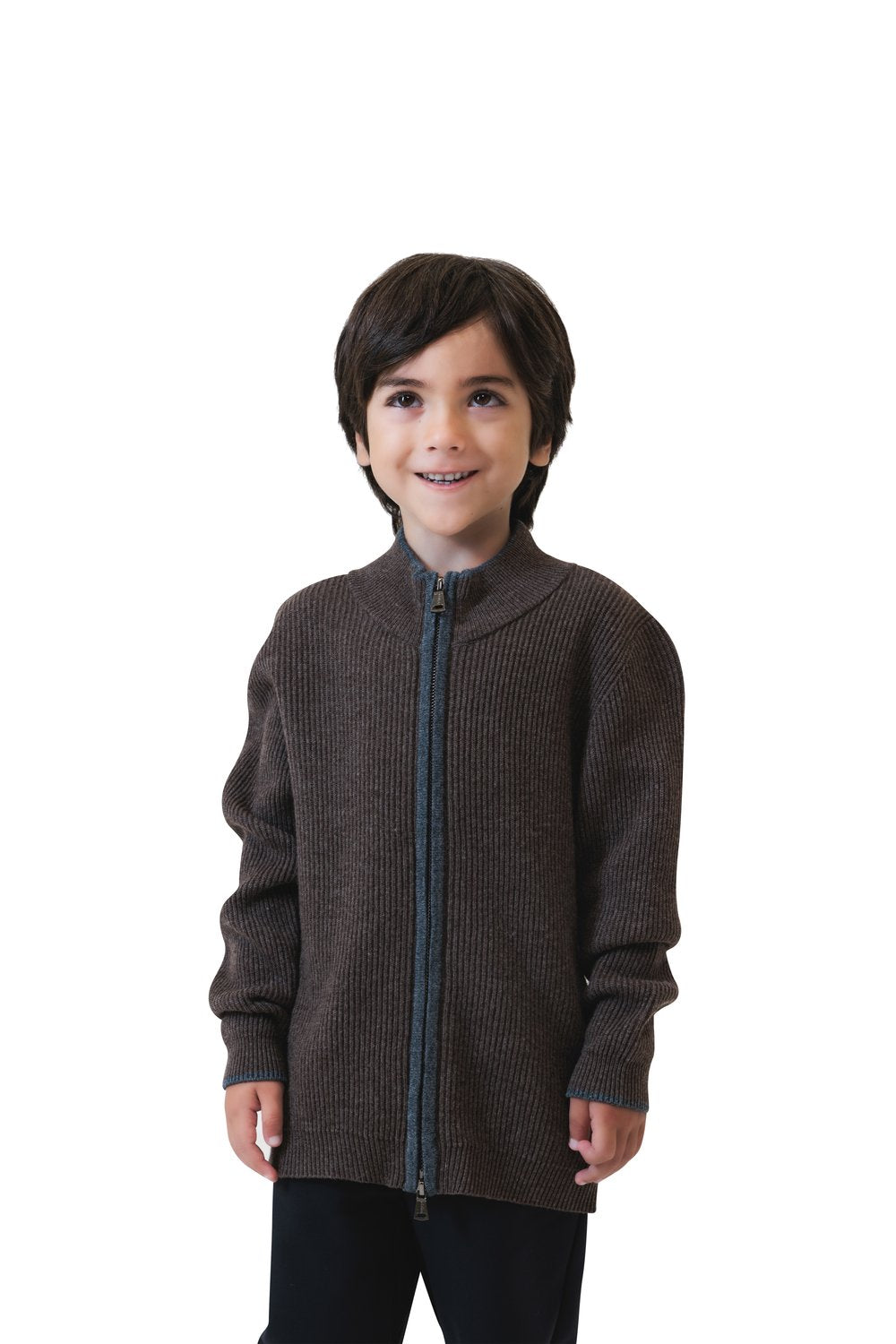 بلوفر أطفال صوف ميرينو بسحاب كامل - بني غامق