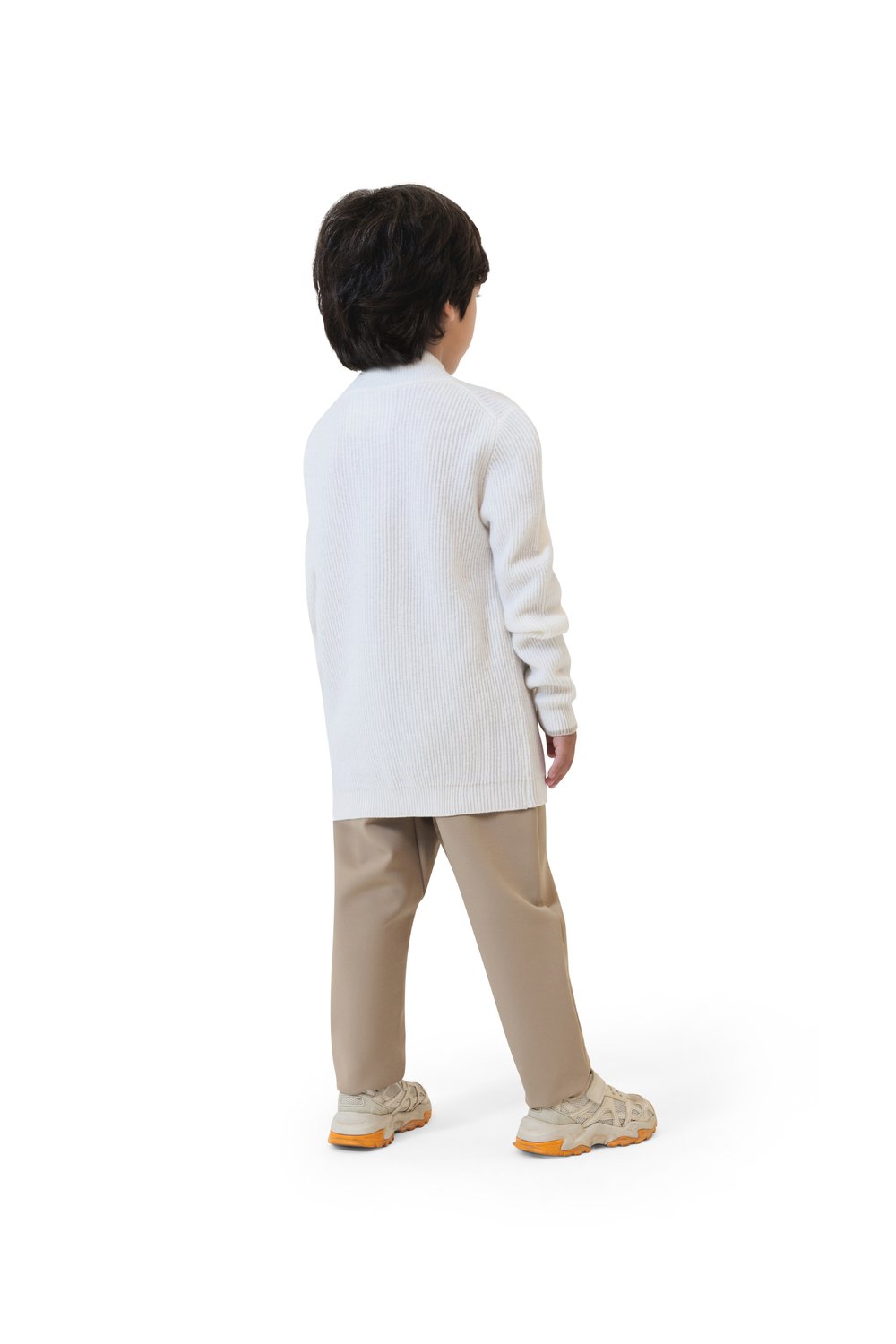 Kid's full zip rib merino wool sweater cream white
 garlic