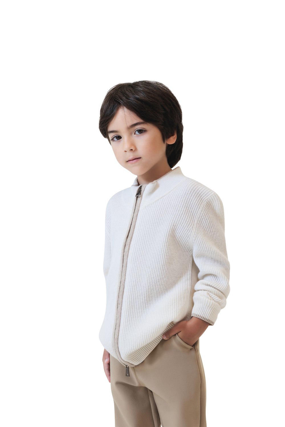 Kid's full zip rib merino wool sweater cream white
 garlic