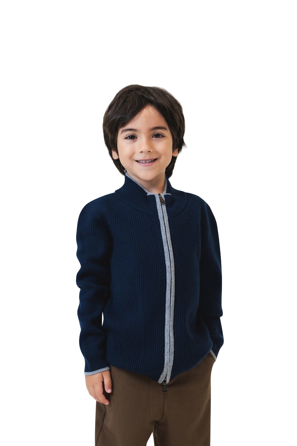 Kid's full zip rib merino wool sweater bay 
 smoke