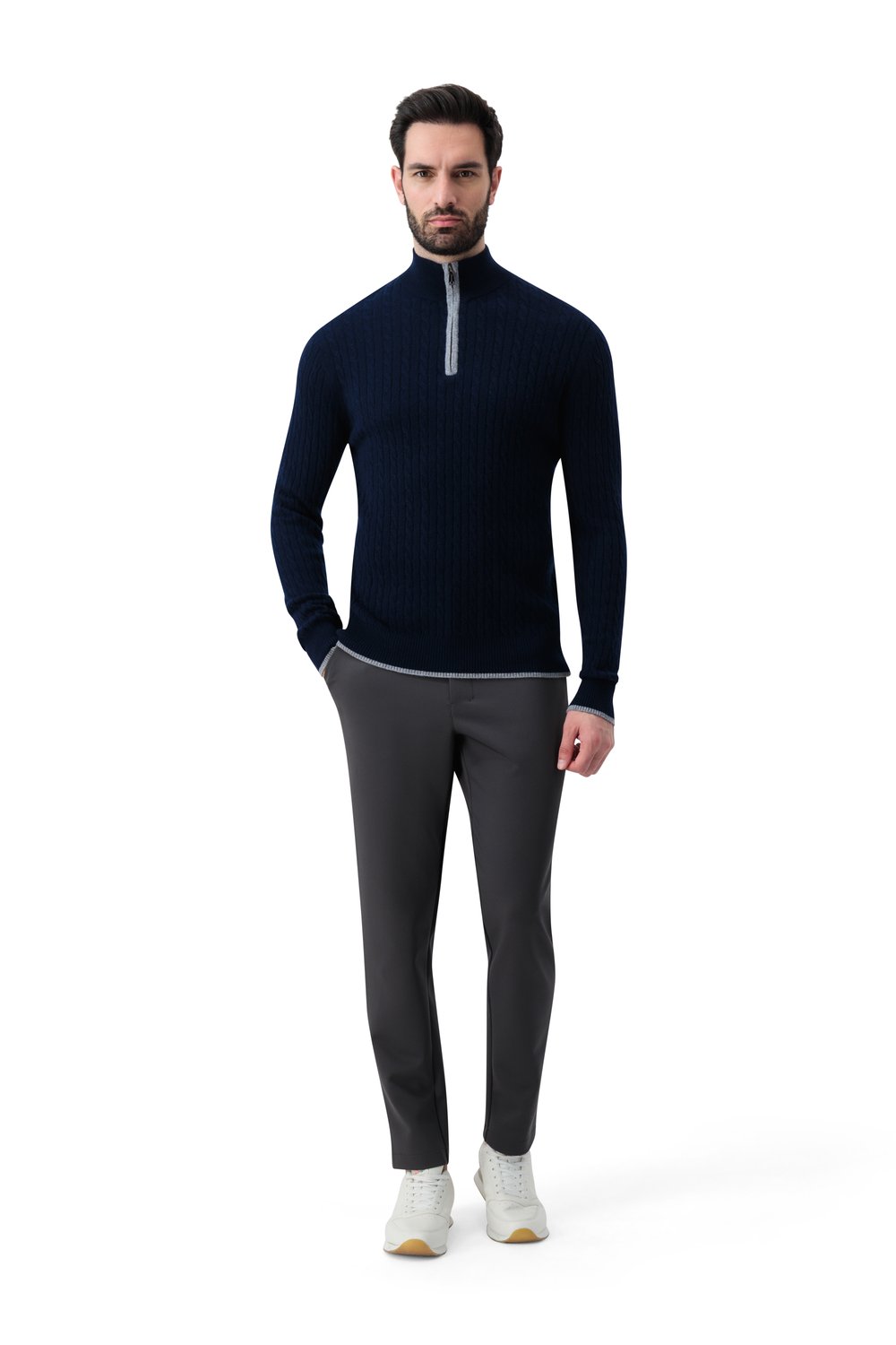 Cashmere  half zip  cable  sweater cosmos
 slate