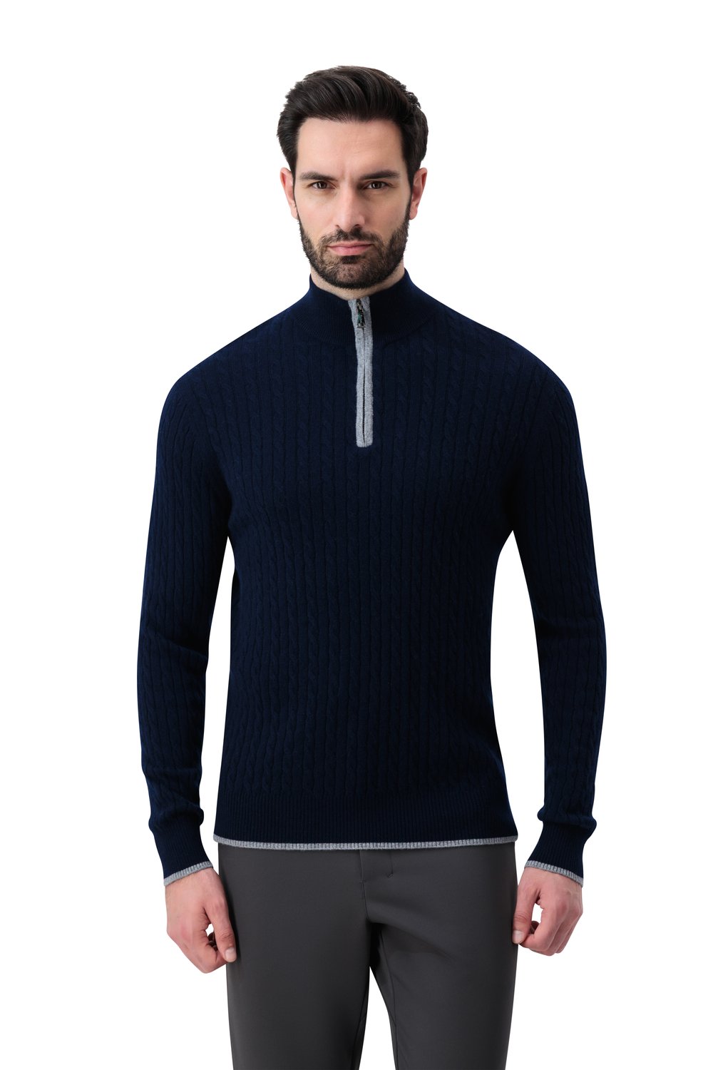 Cashmere  half zip  cable  sweater cosmos
 slate