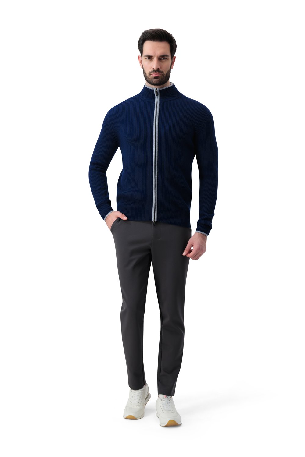 Full zip rib  merino wool sweater bay 
 smoke