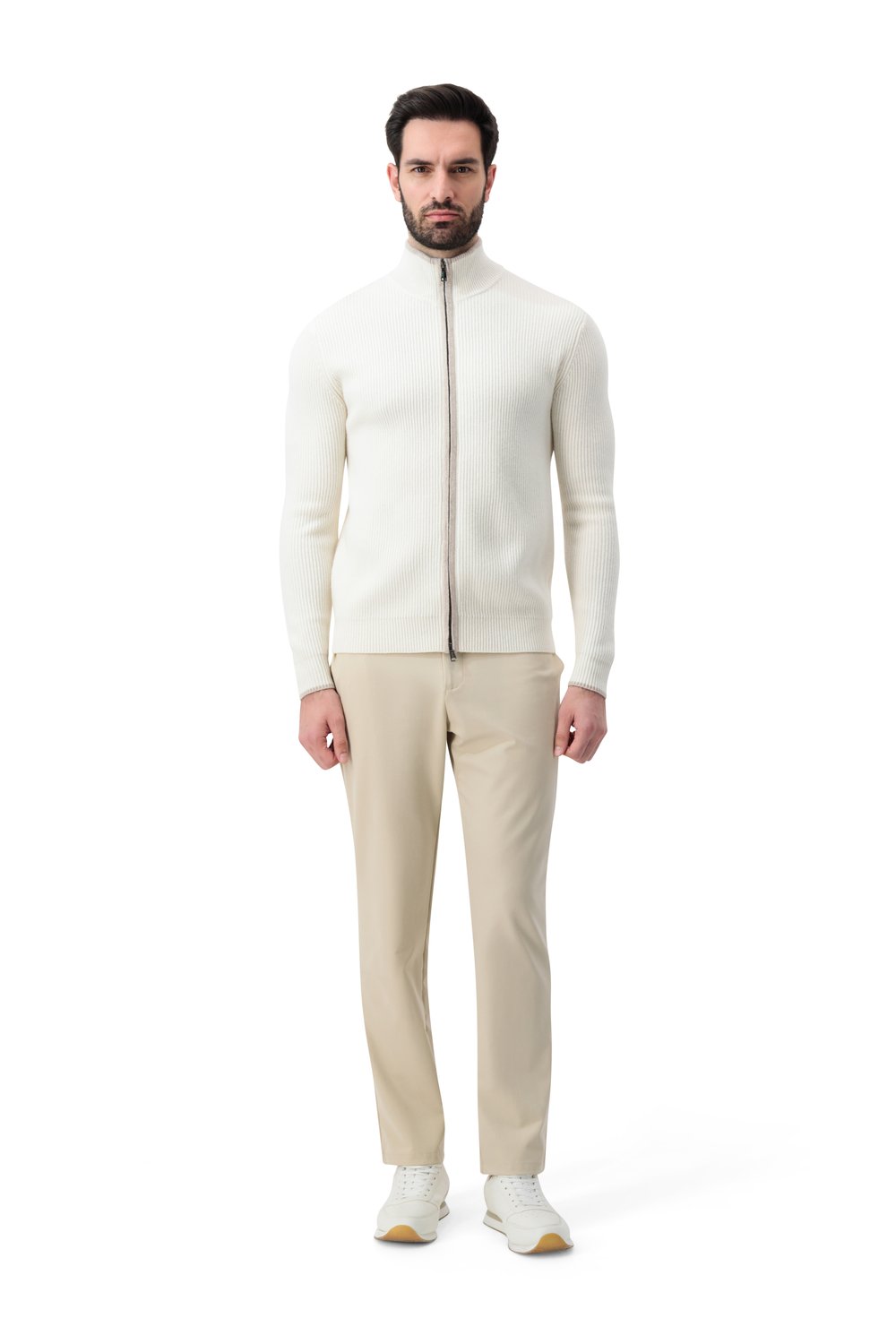 Full zip rib  merino wool sweater cream white
 garlic