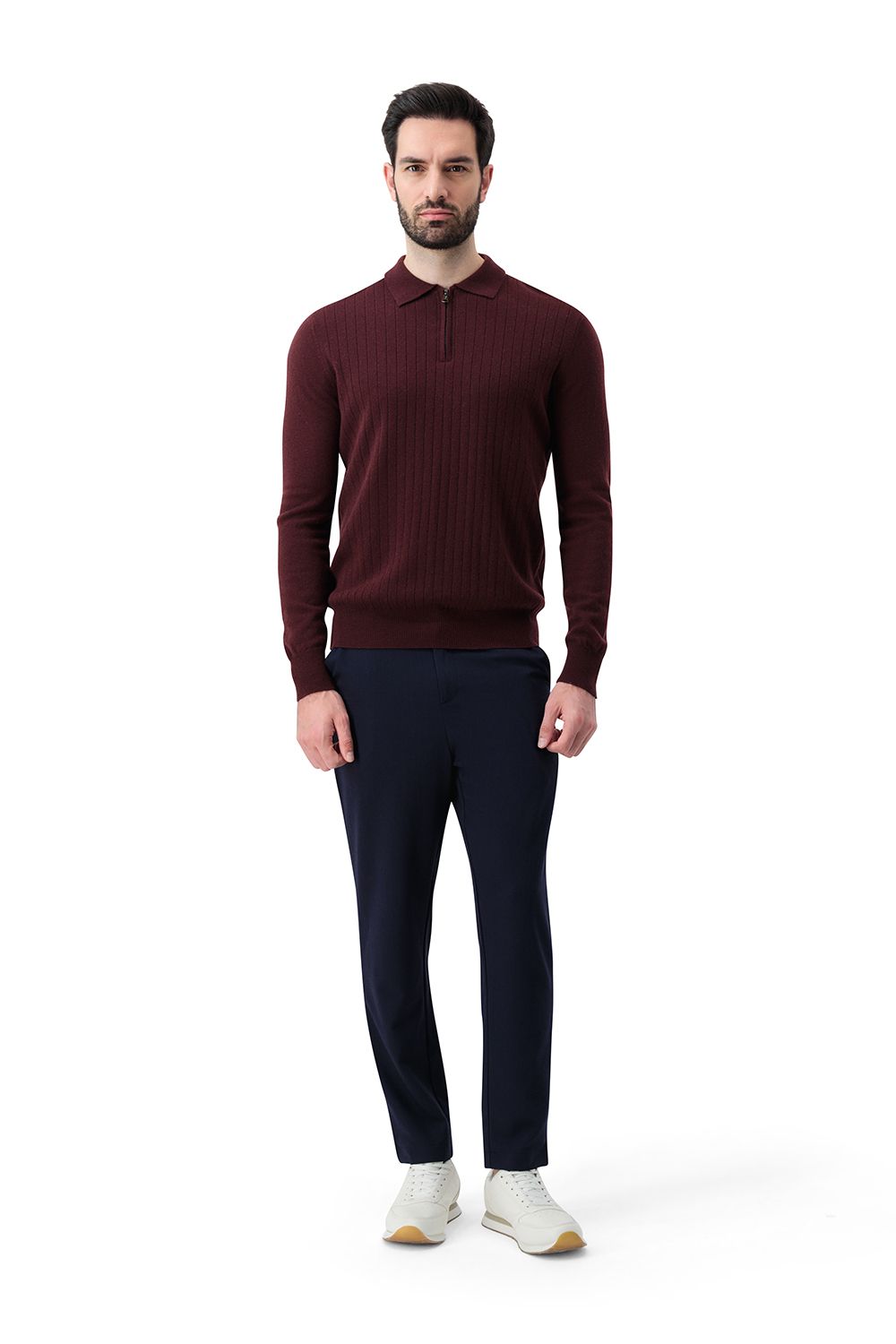 Half zip rib merino wool sweater chestnut brown
