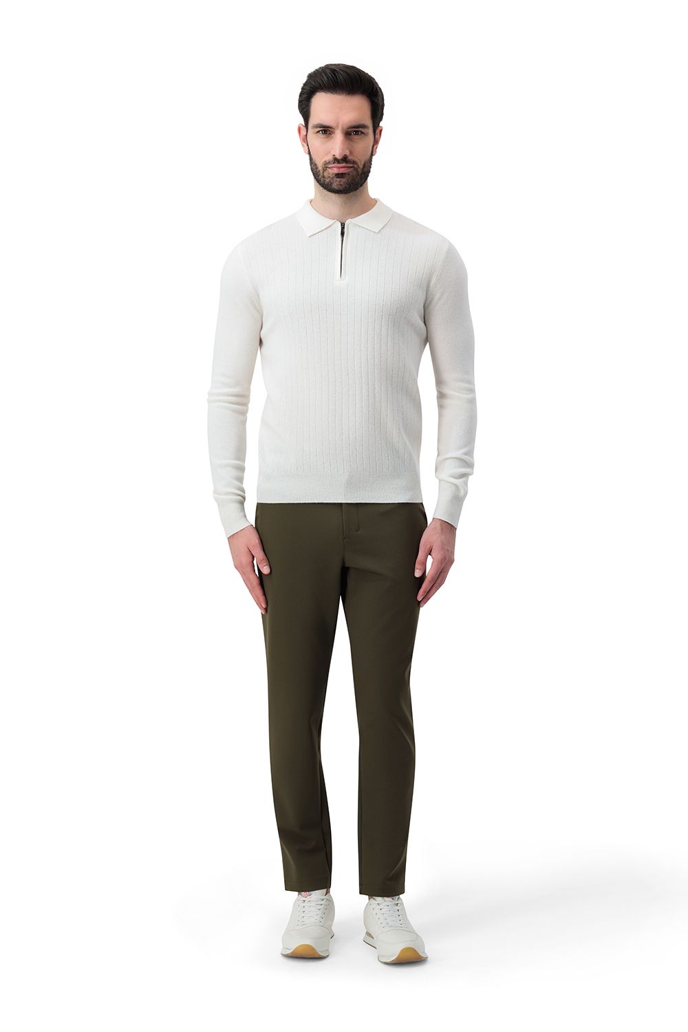 Half zip rib merino wool sweater cream white