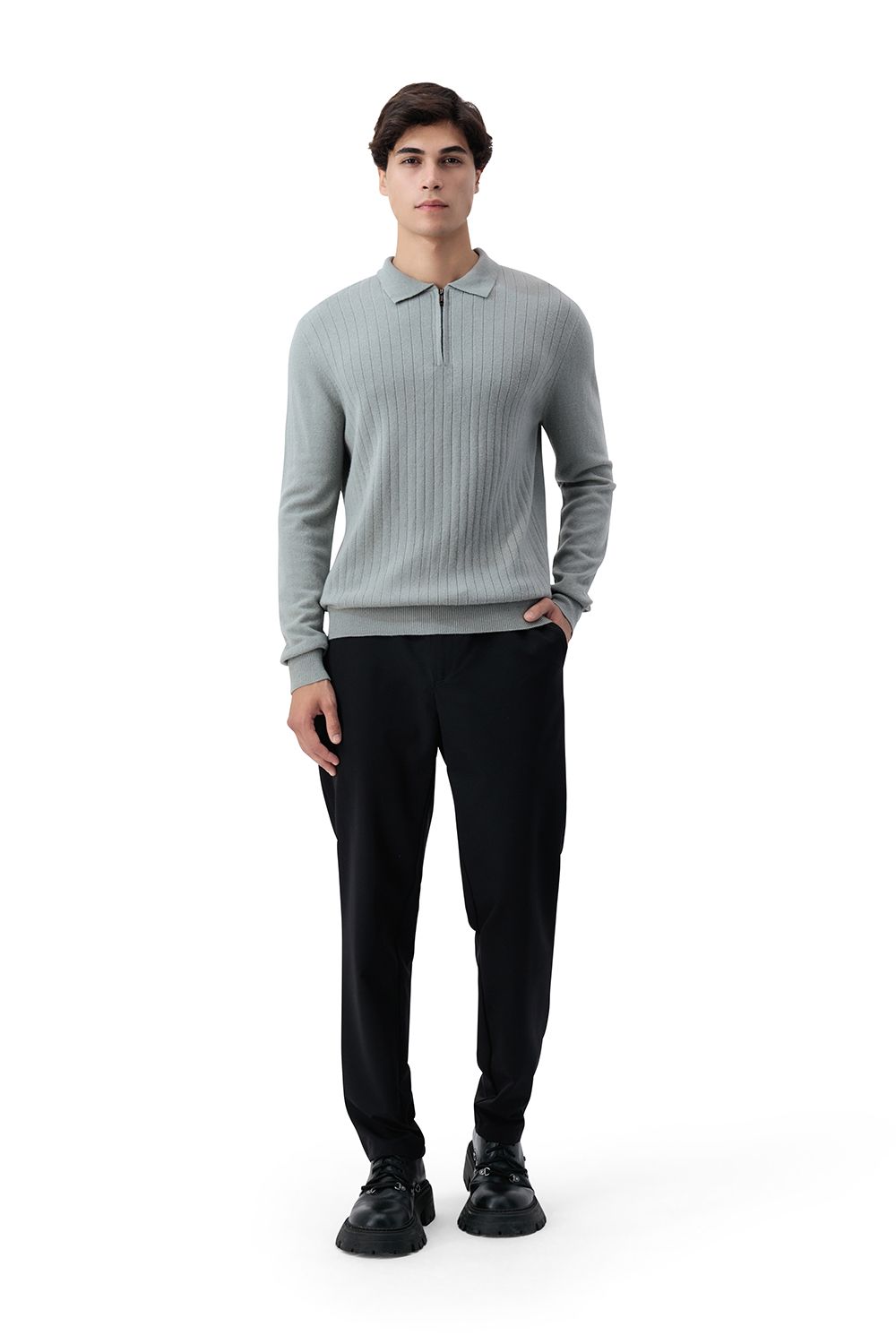 Half zip rib merino wool sweater grey sage