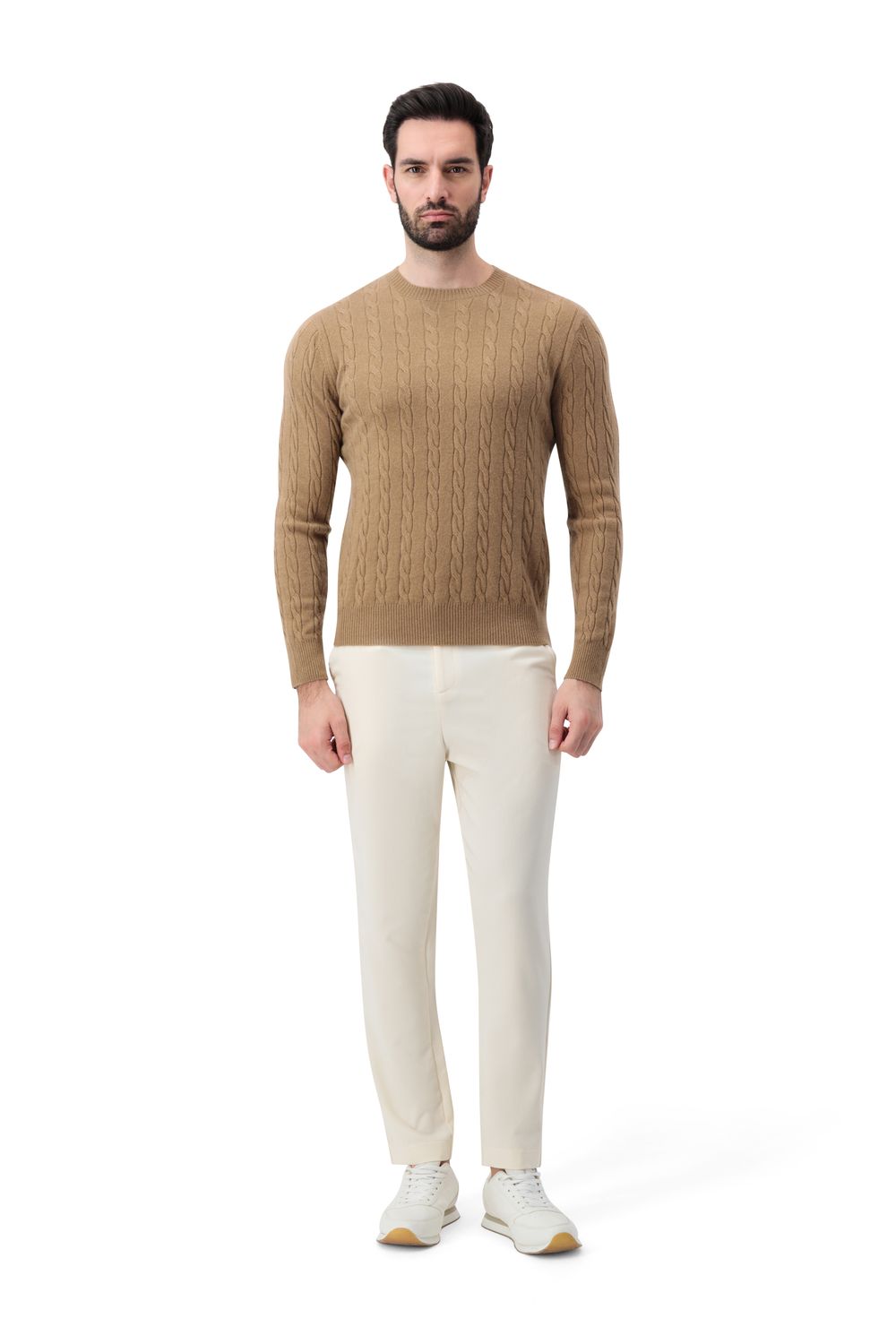 Cashmere  round neck  cable  sweater camel color