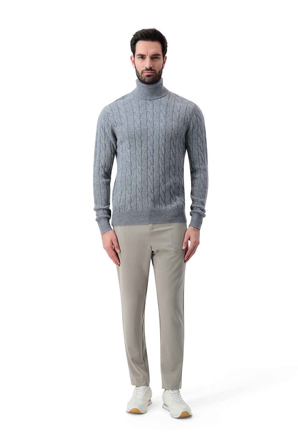 Cashmere turtle neck cable sweater slate