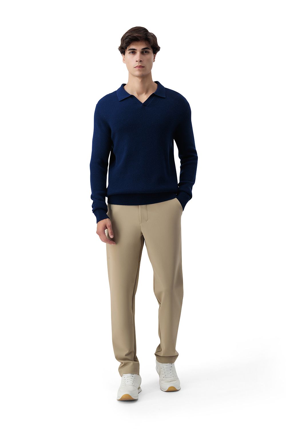 Open collar rib merino wool sweater bay