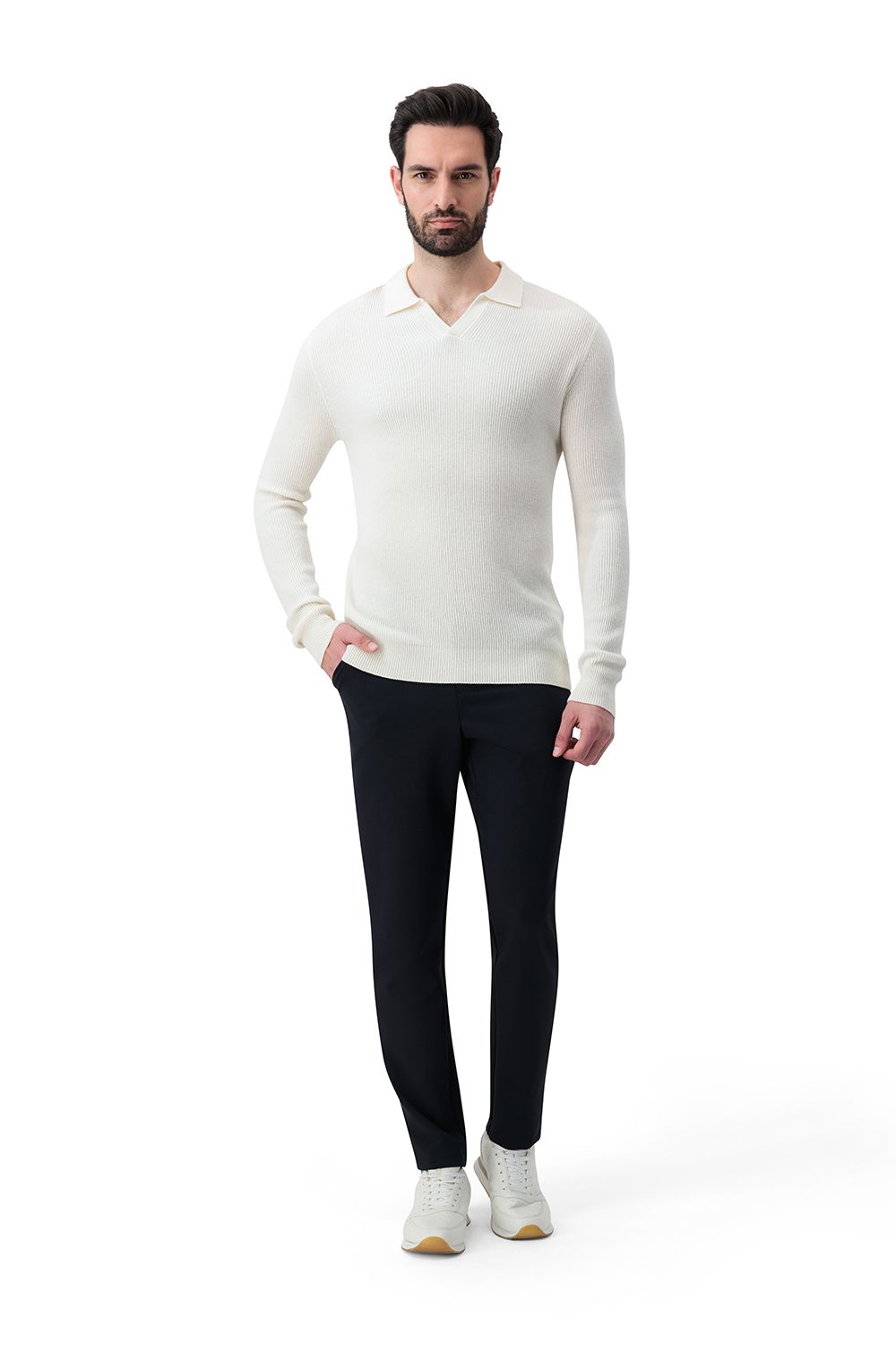 Open collar rib merino wool sweater cream white