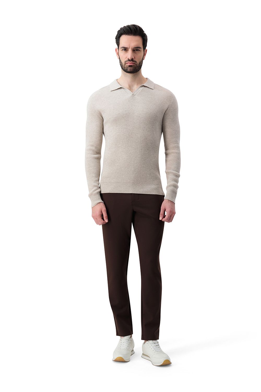 Open collar rib merino wool sweater garlic