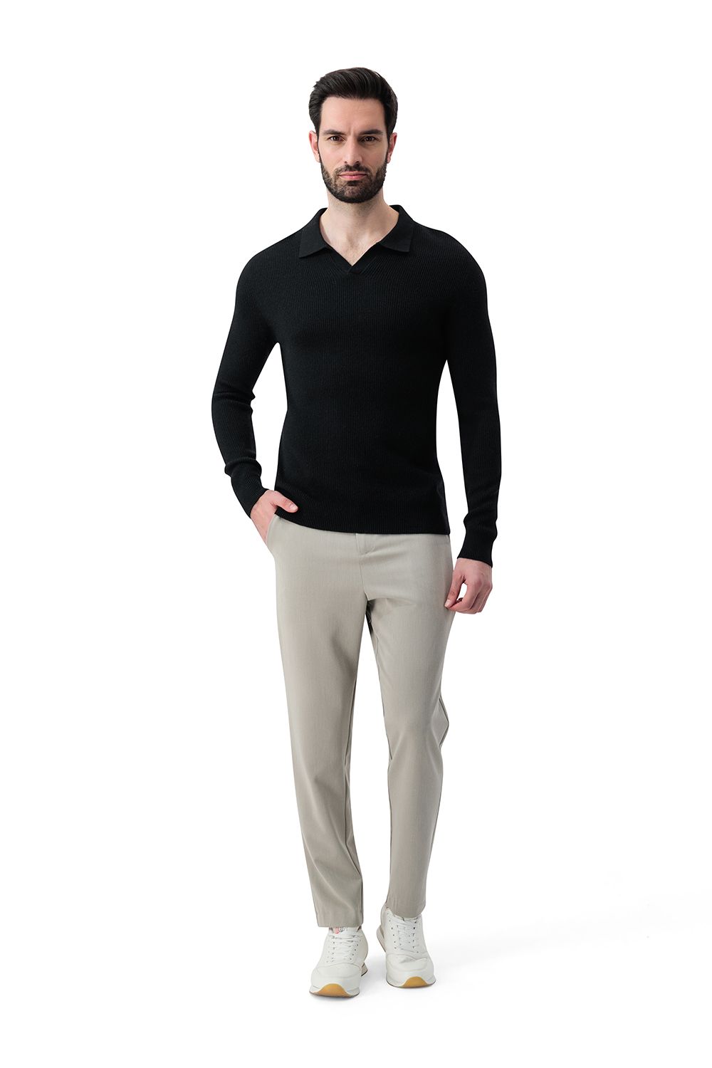 Open collar rib merino wool sweater gravity