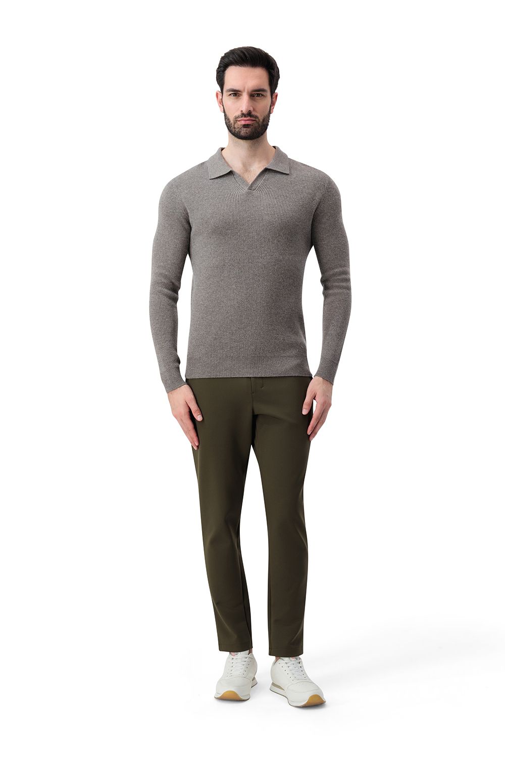 Open collar rib merino wool sweater vapor