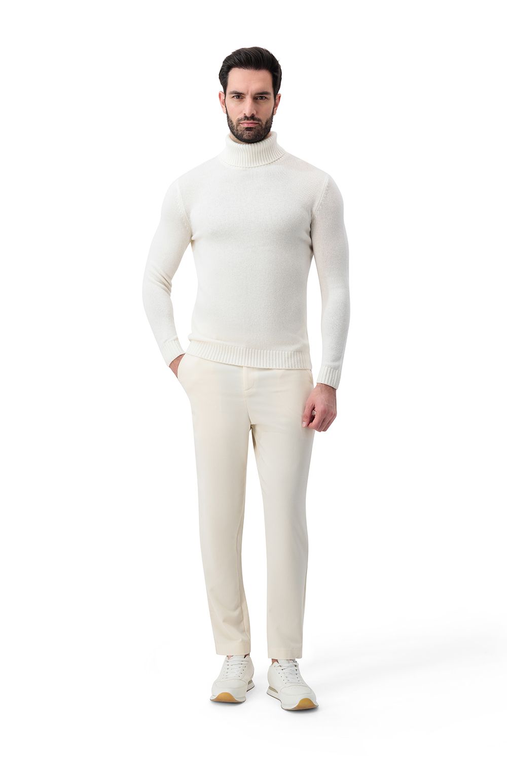 Rib turtle neck merino wool sweater cream white