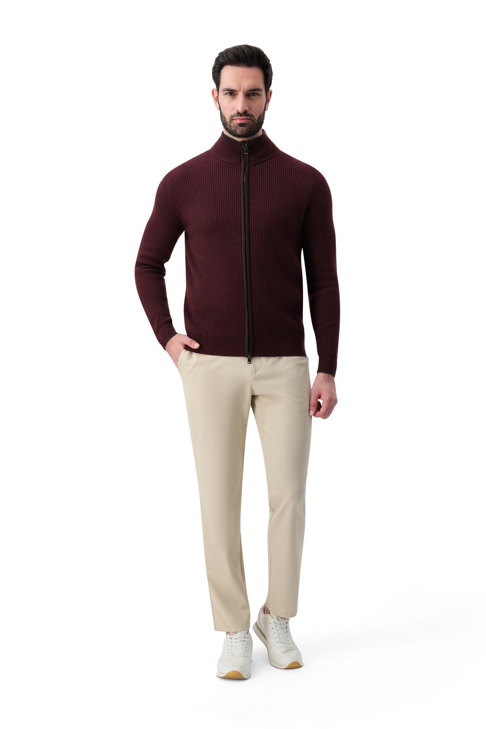 Full zip rib  merino wool sweater chestnut brown
 latte