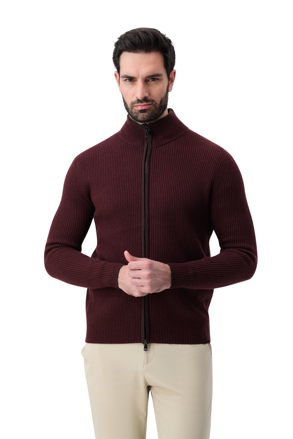 بلوفر صوف ميرينو بسحاب كامل - بني كستنائي