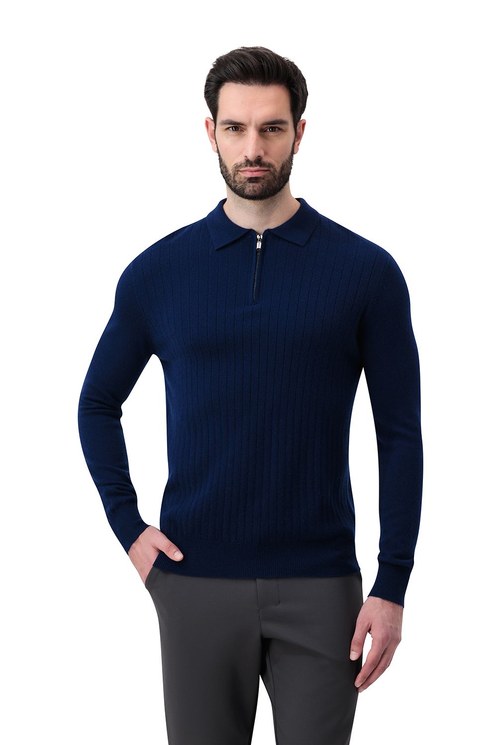 بلوفر صوف ميرينو بنص سحاب - كحلي