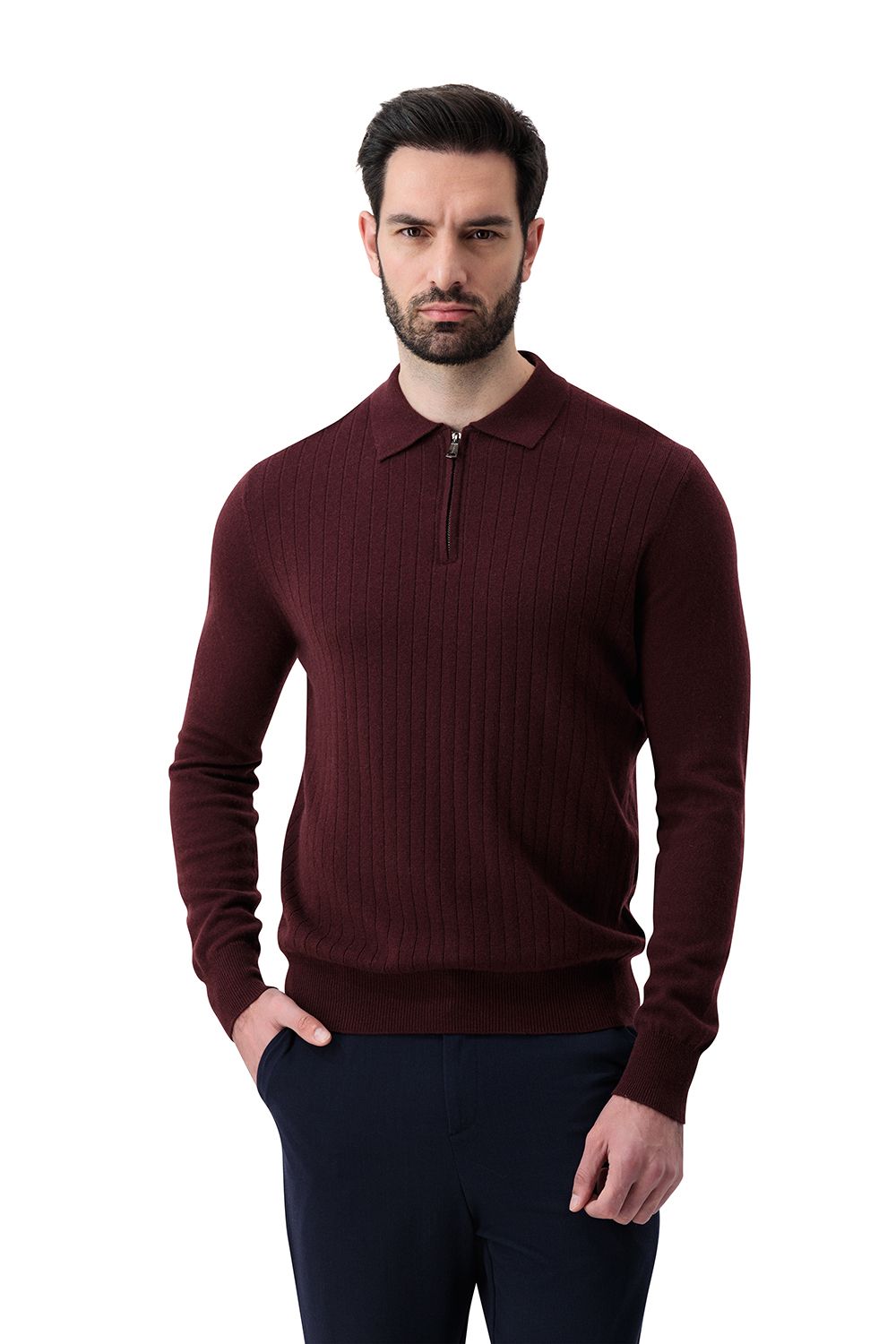 Half zip rib merino wool sweater chestnut brown