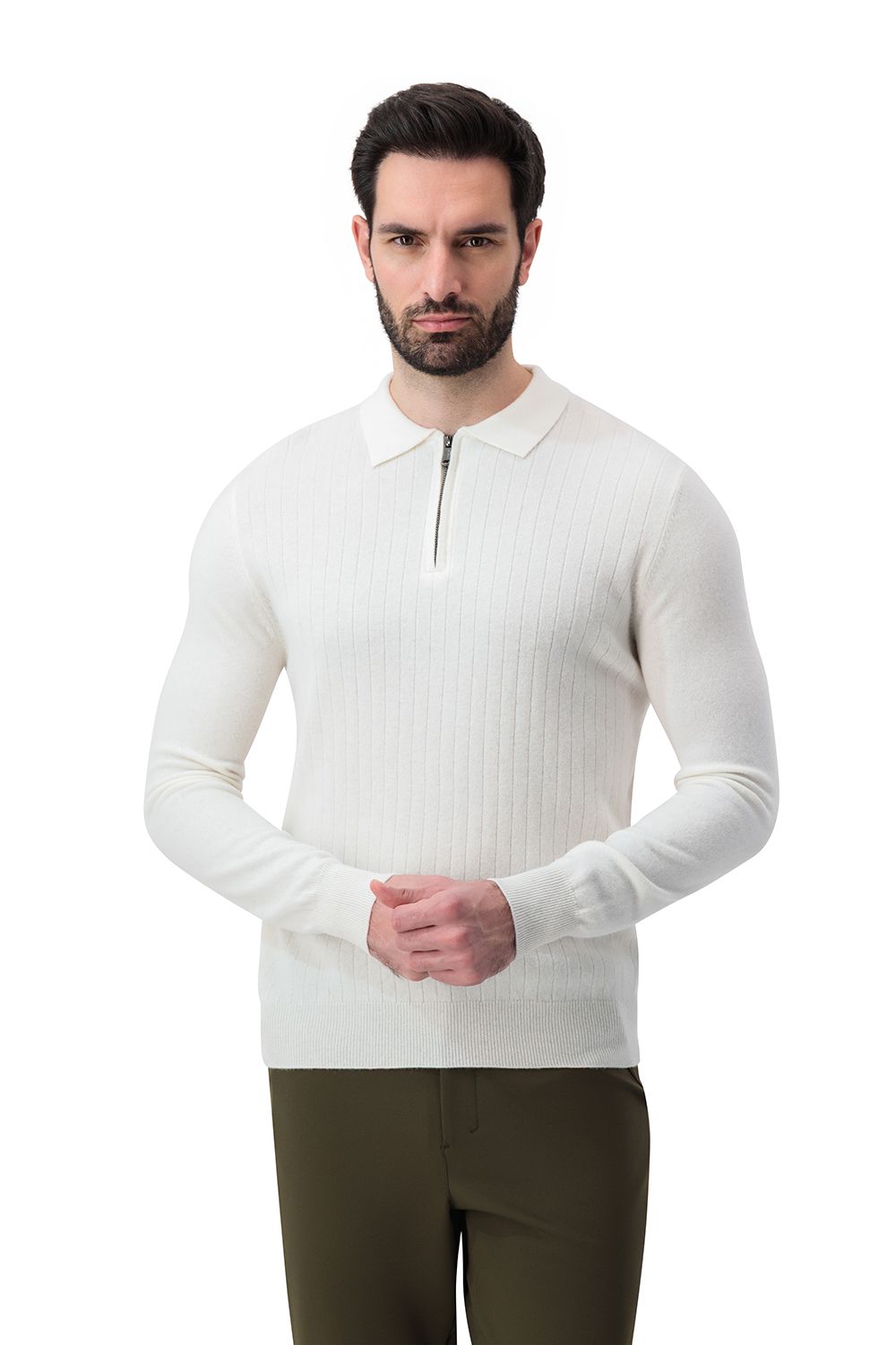 Half zip rib merino wool sweater cream white