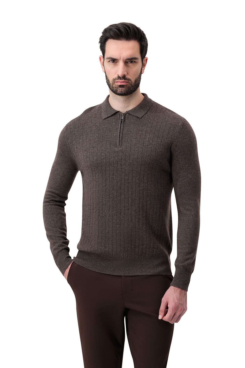 Half zip rib merino wool sweater umber