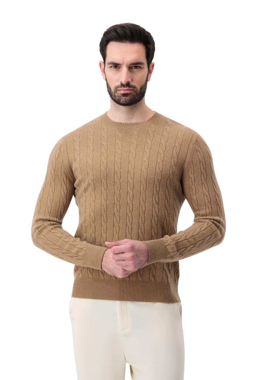 Cashmere  round neck  cable  sweater camel color