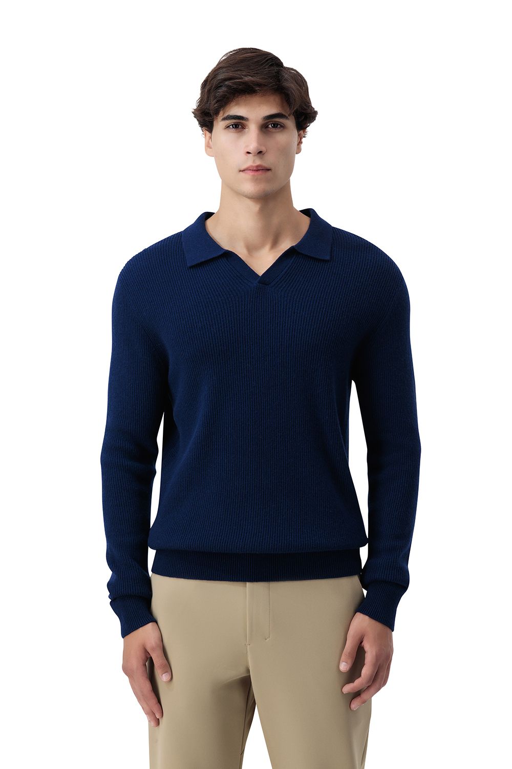 Open collar rib merino wool sweater bay