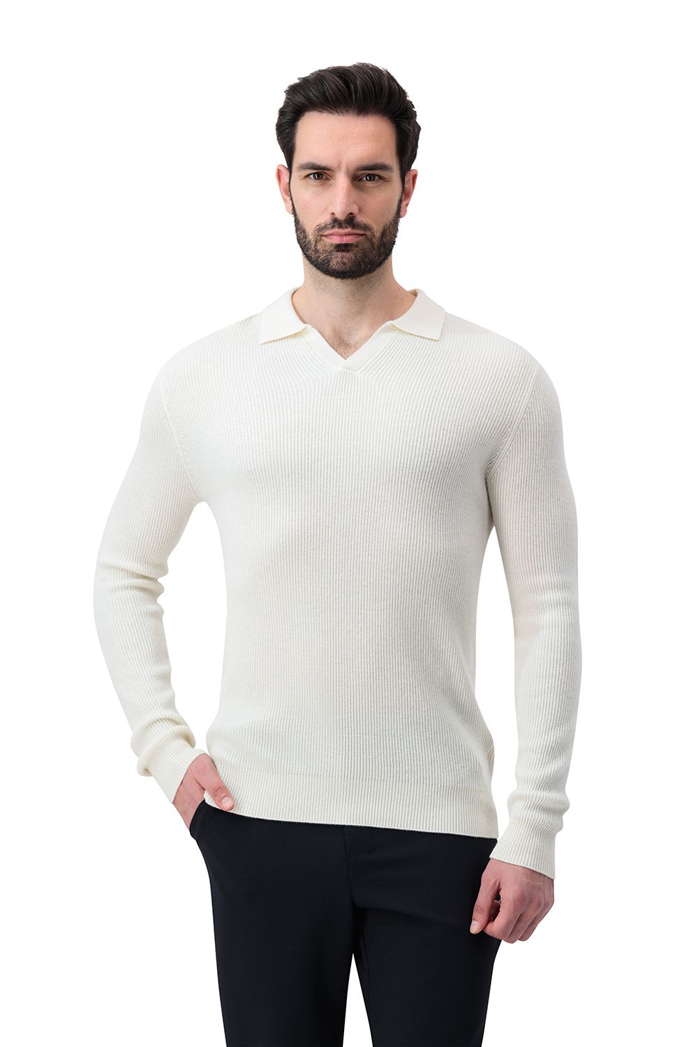Open collar rib merino wool sweater cream white