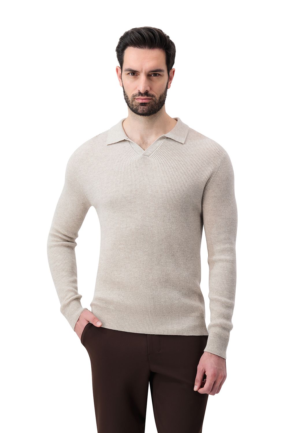 Open collar rib merino wool sweater garlic