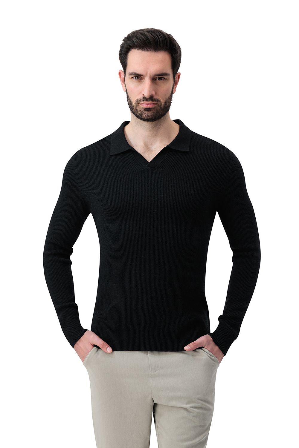Open collar rib merino wool sweater gravity
