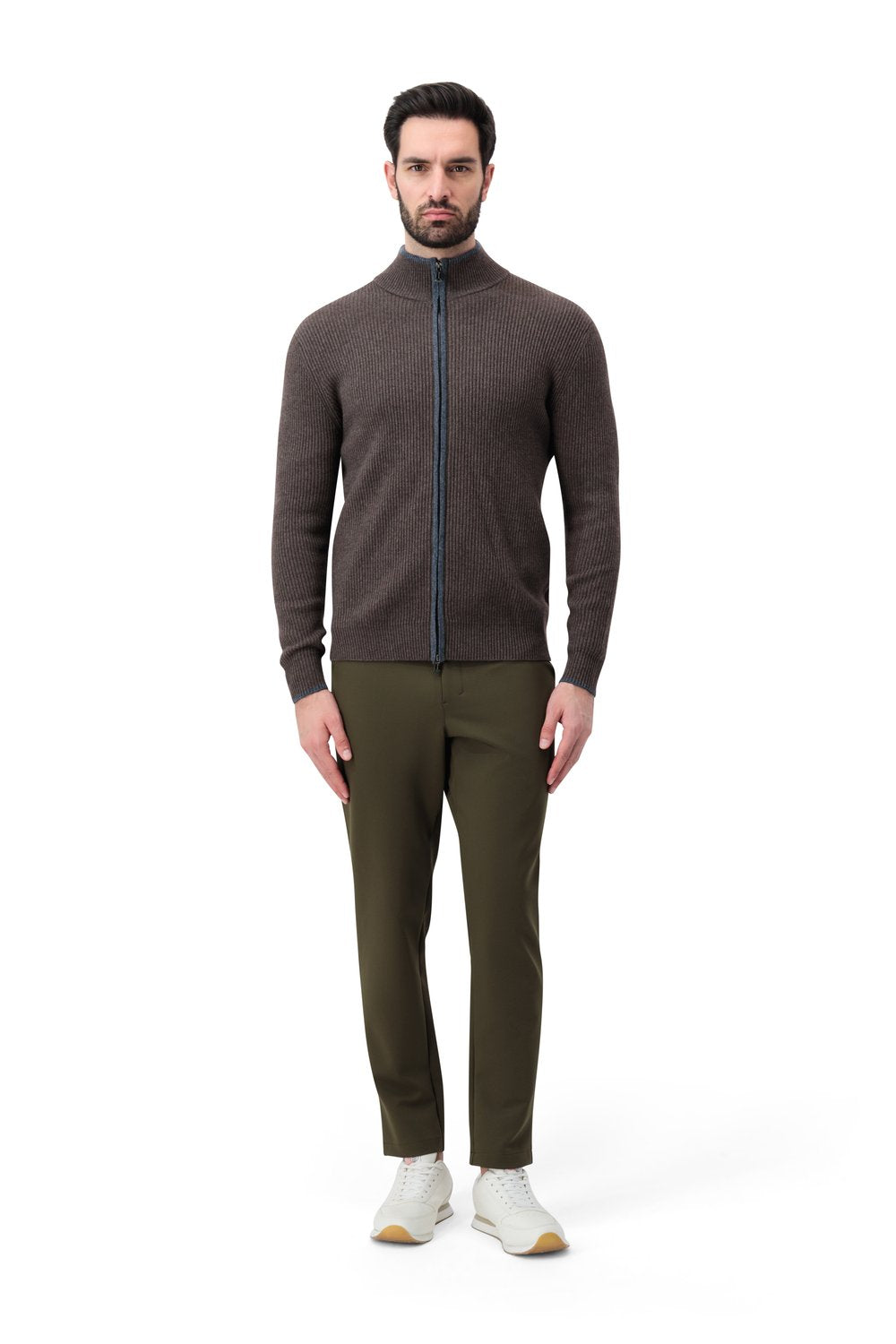 Full zip rib  merino wool sweater umber
 ruthenium