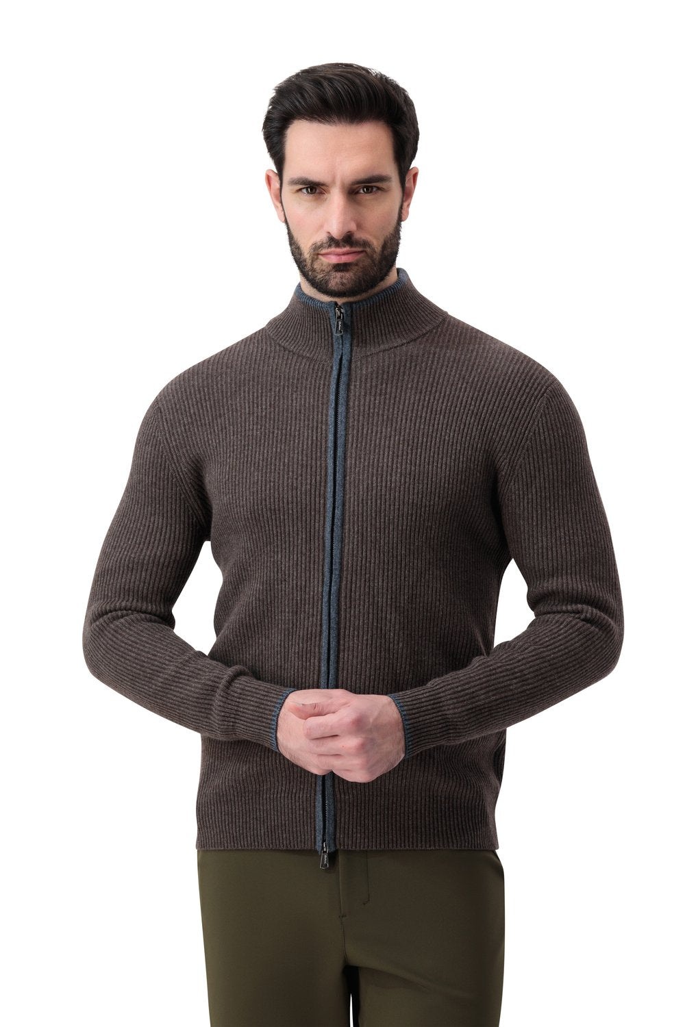 بلوفر صوف ميرينو بسحاب كامل - بني غامق