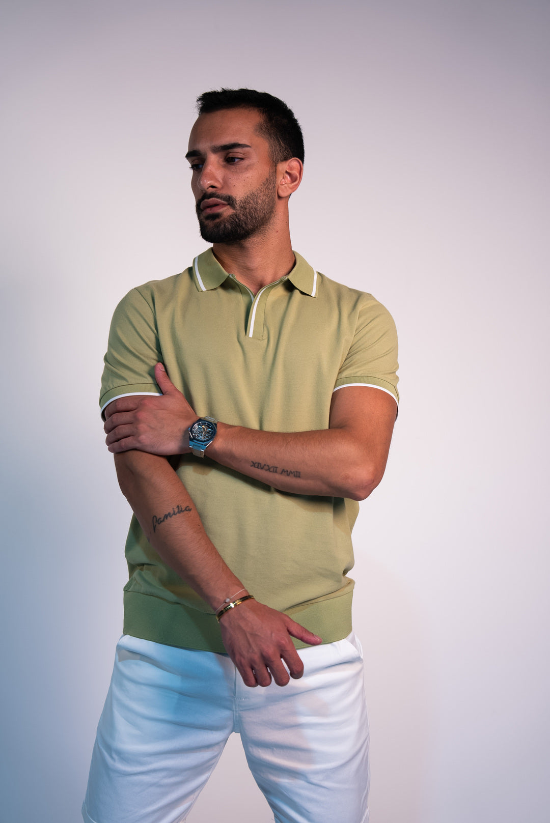 Open collar-Mint-Green × Chino Short-Light-Grey — Combo Look