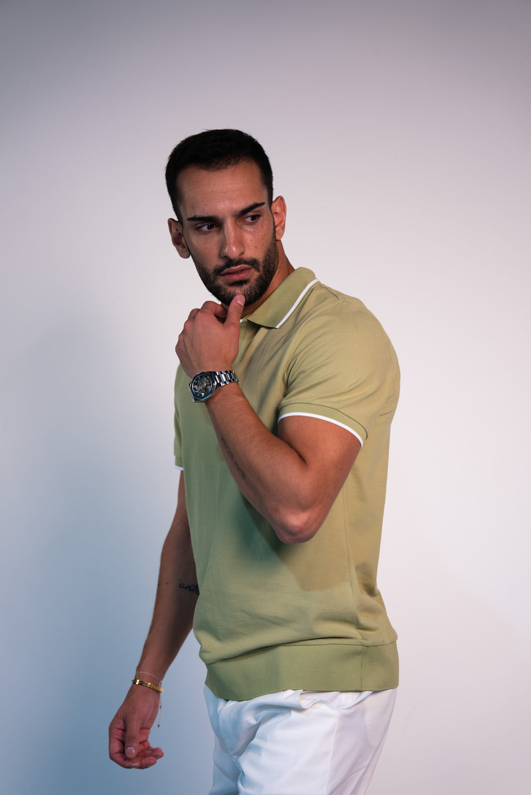 Open collar-Mint-Green × Chino Short-Light-Grey — Combo Look