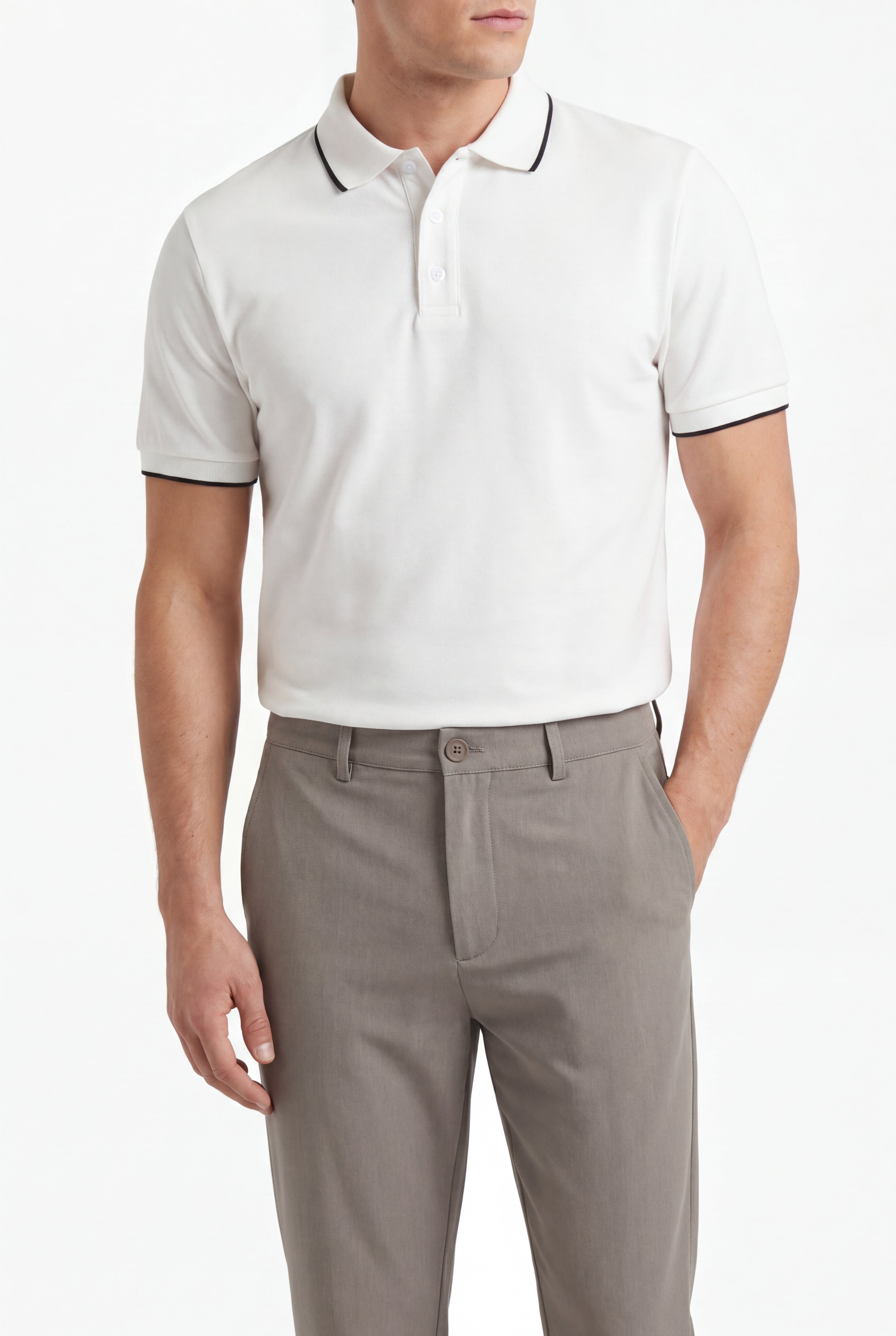 Tailored  trousers - Grey × polo shirt -Ivory — Combo Look