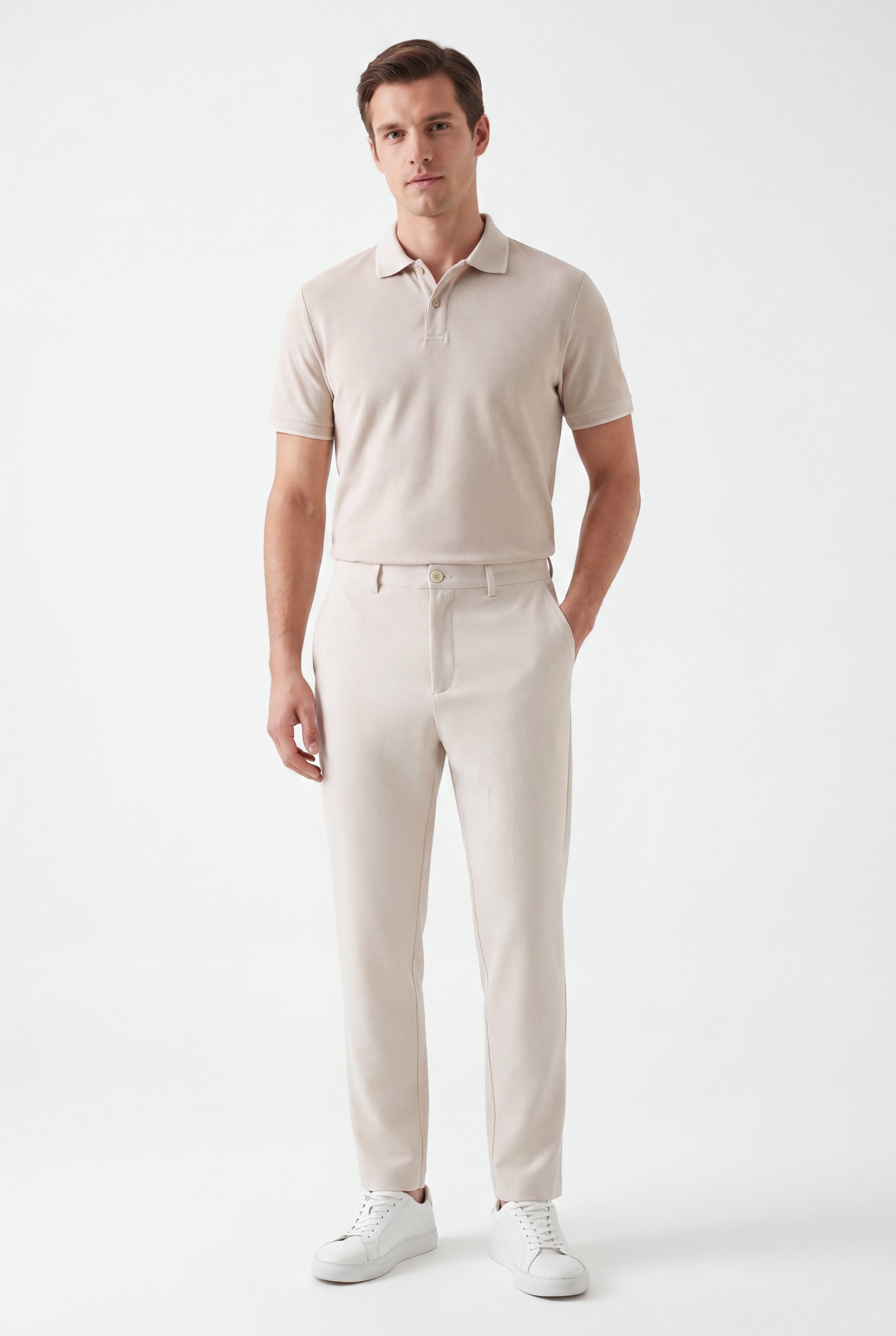 Tailored  trousers -Ivory × polo shirt -Beige — Combo Look
