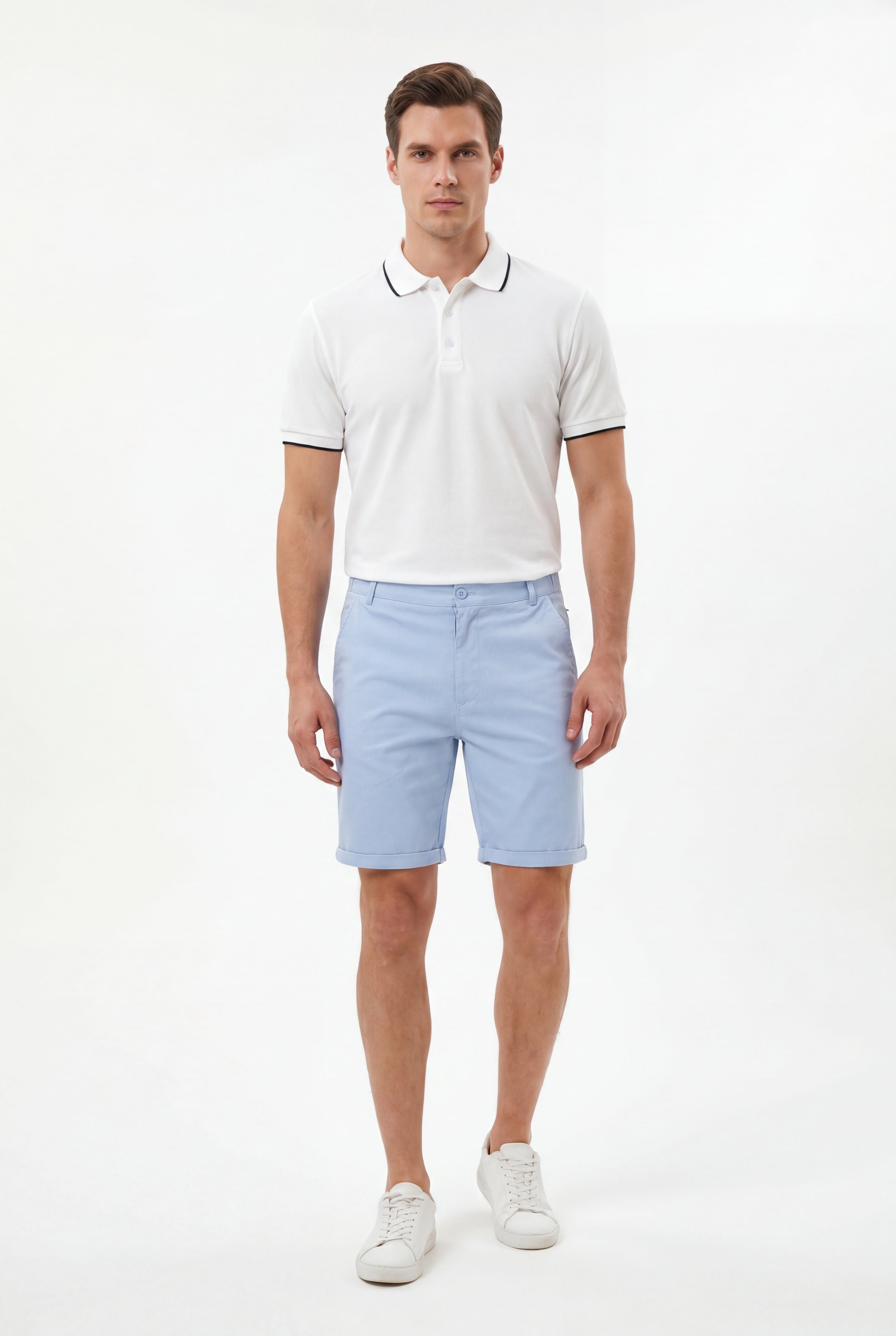 chino short -Baby-Blue × polo shirt -Ivory — Combo Look