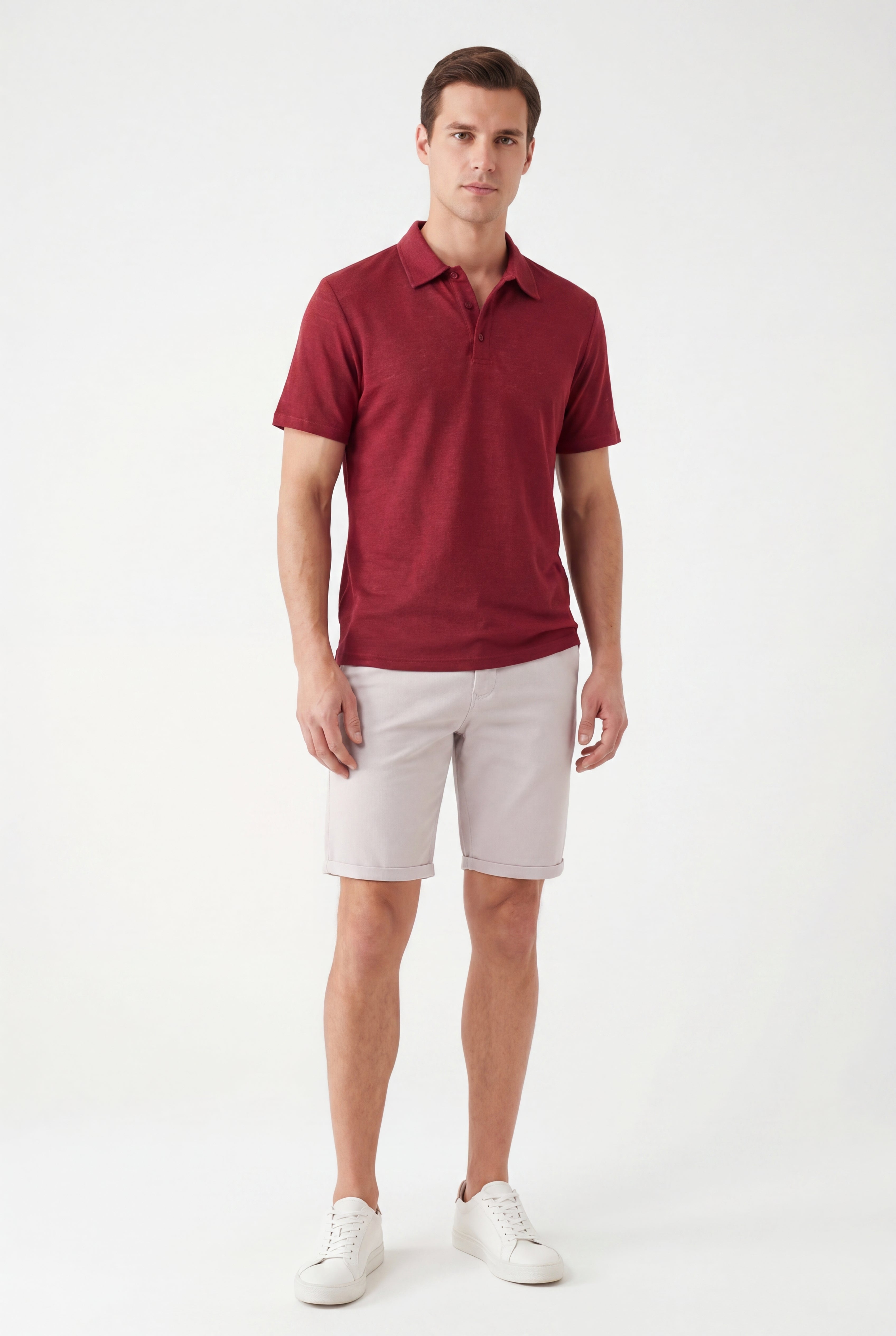 polo linen -Burgundy × Chino Short-Light-Grey — Combo Look