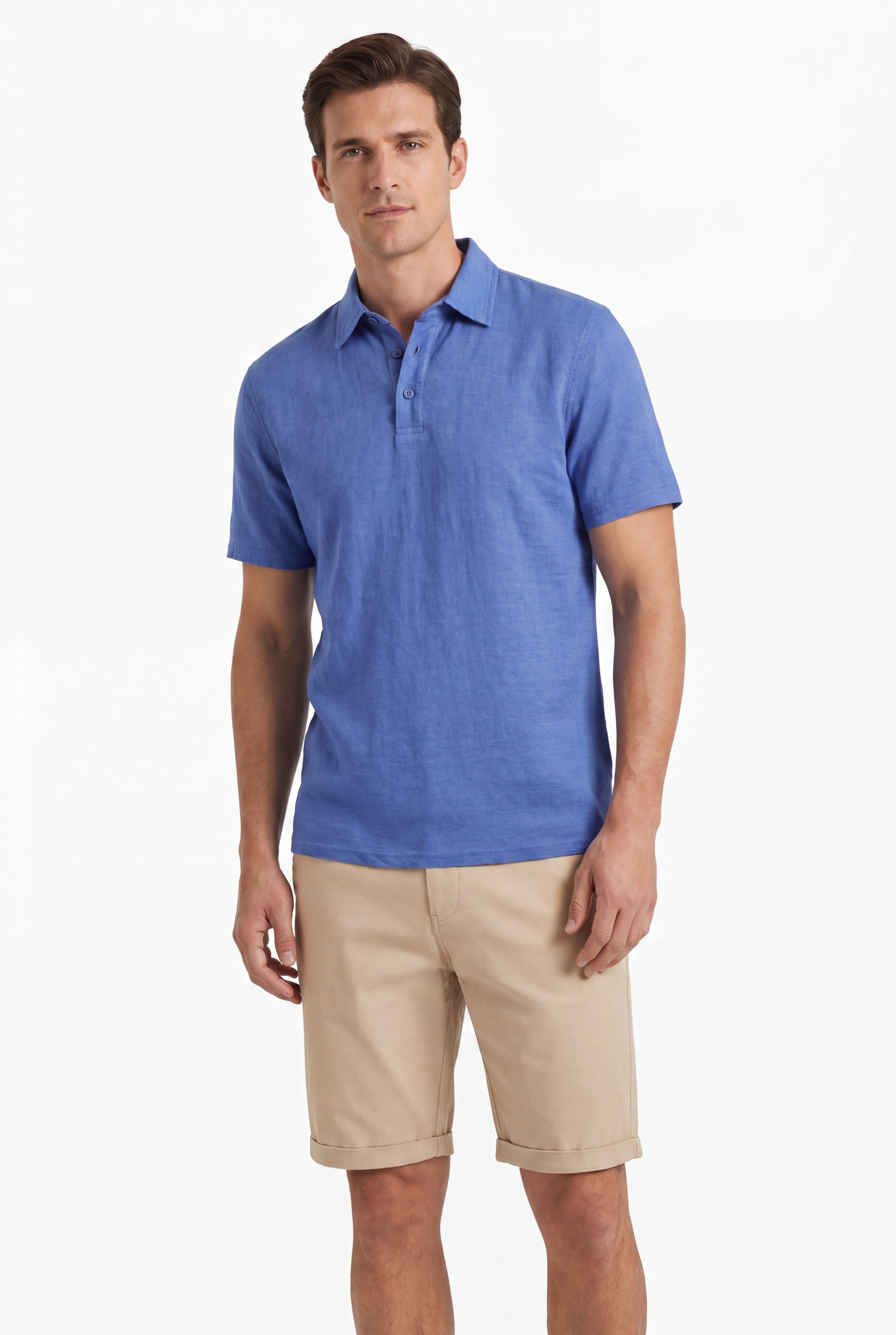 polo linen -Blue × Chino Short-Beige — Combo Look