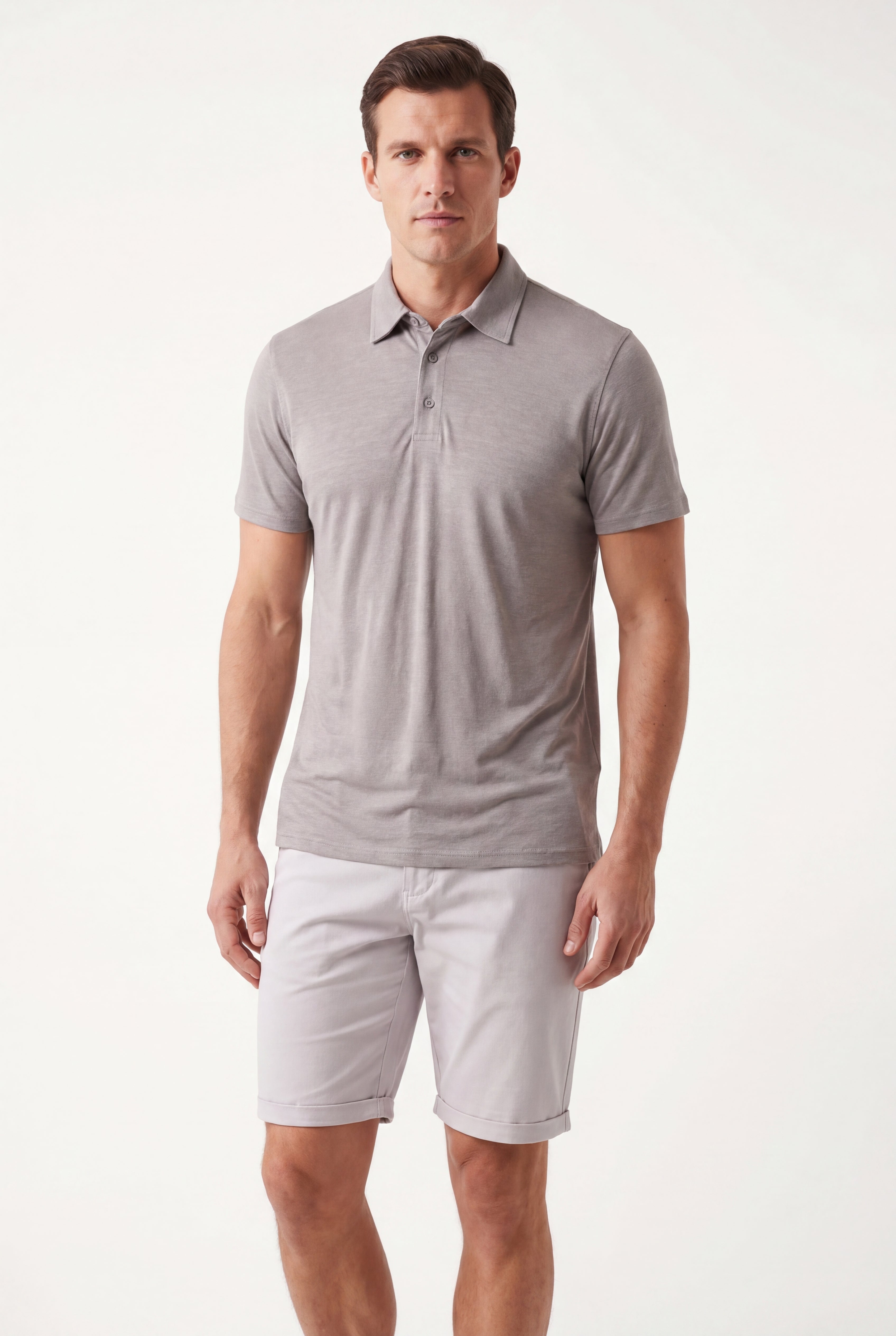polo linen -Grey × Chino Short-Light-Grey — Combo Look
