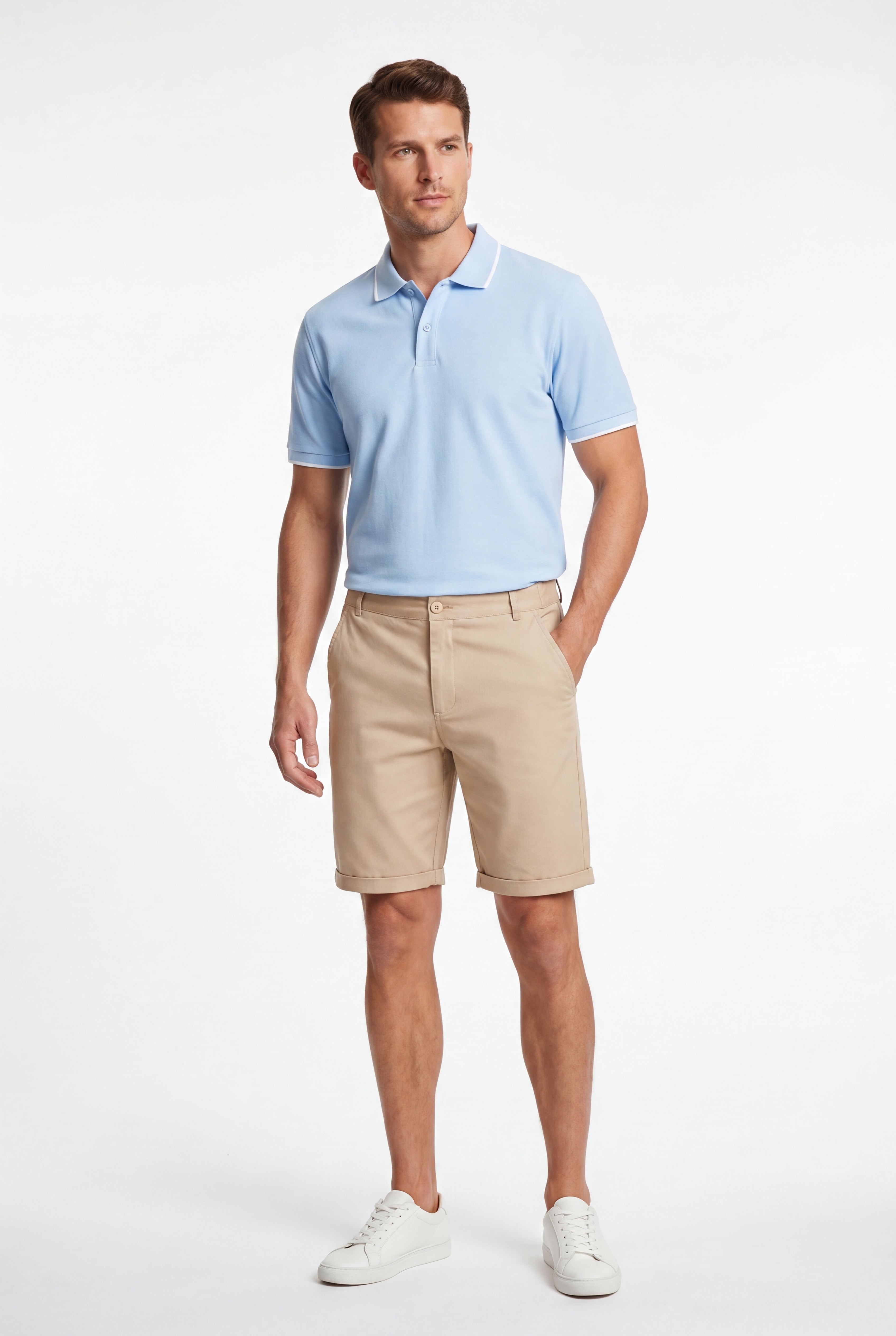polo shirt -Baby-Blue × Chino Short-Beige — Combo Look