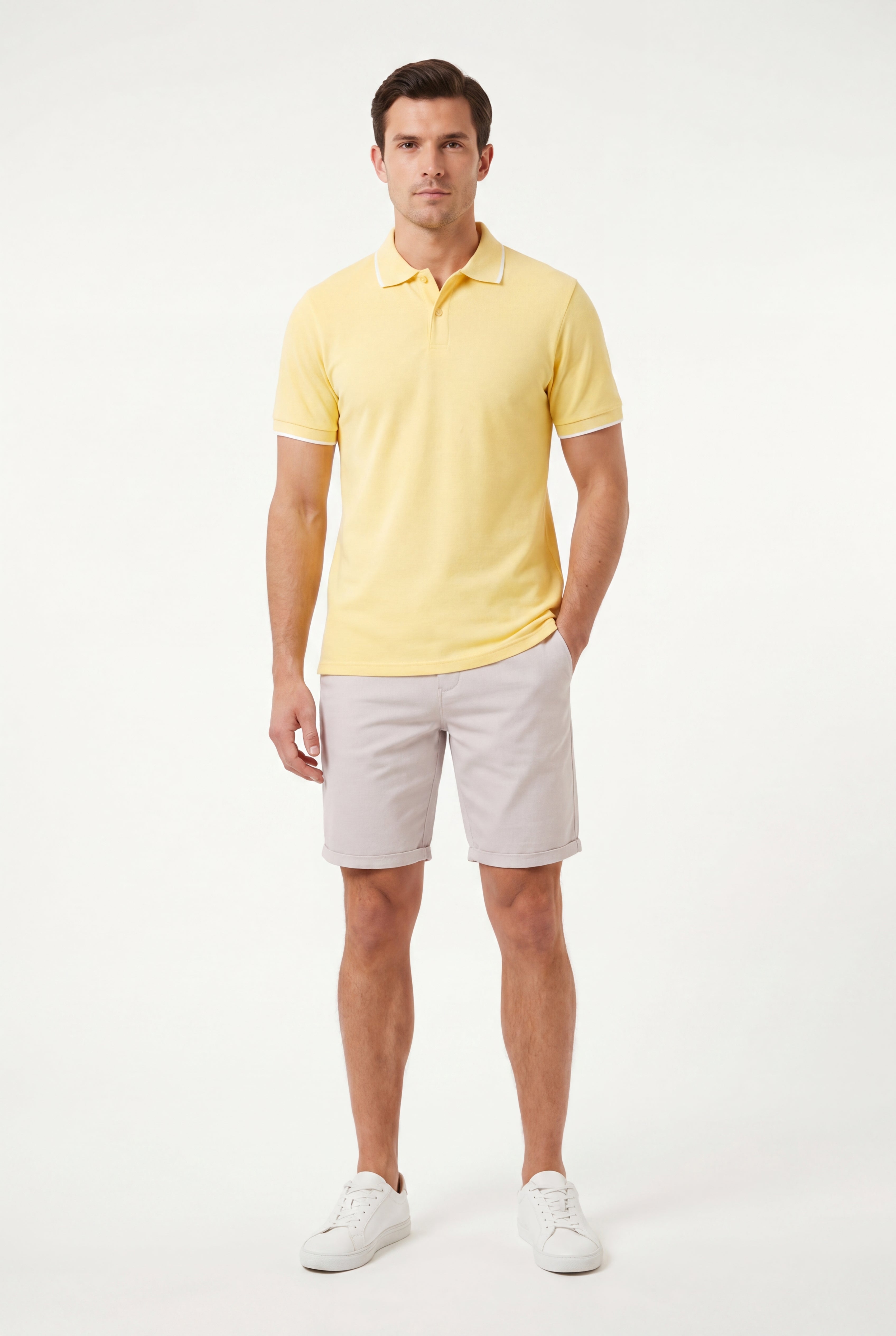 polo shirt -Yellow × Chino Short-Light-Grey — Combo Look