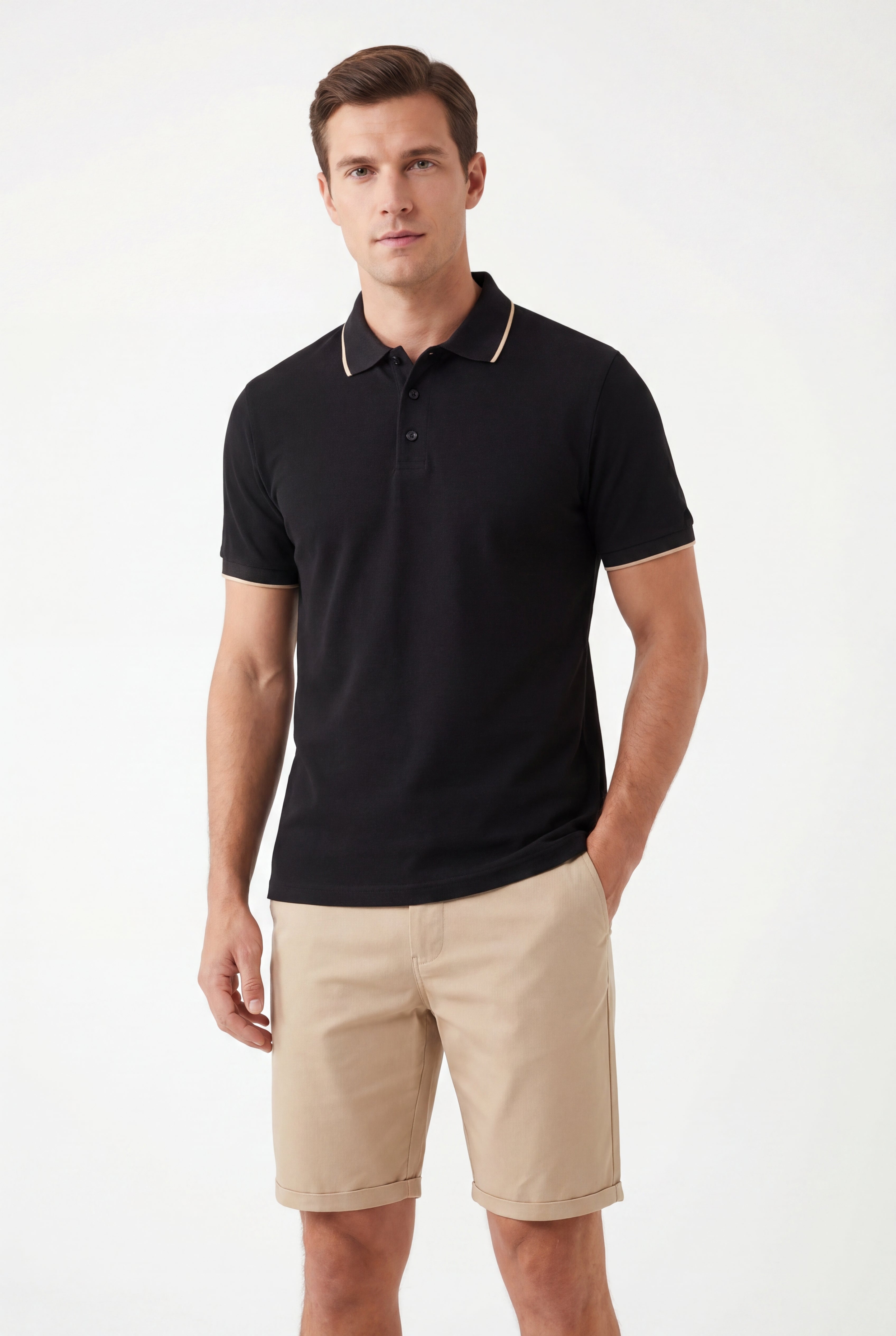 polo shirt -Black × Chino Short-Beige — Combo Look