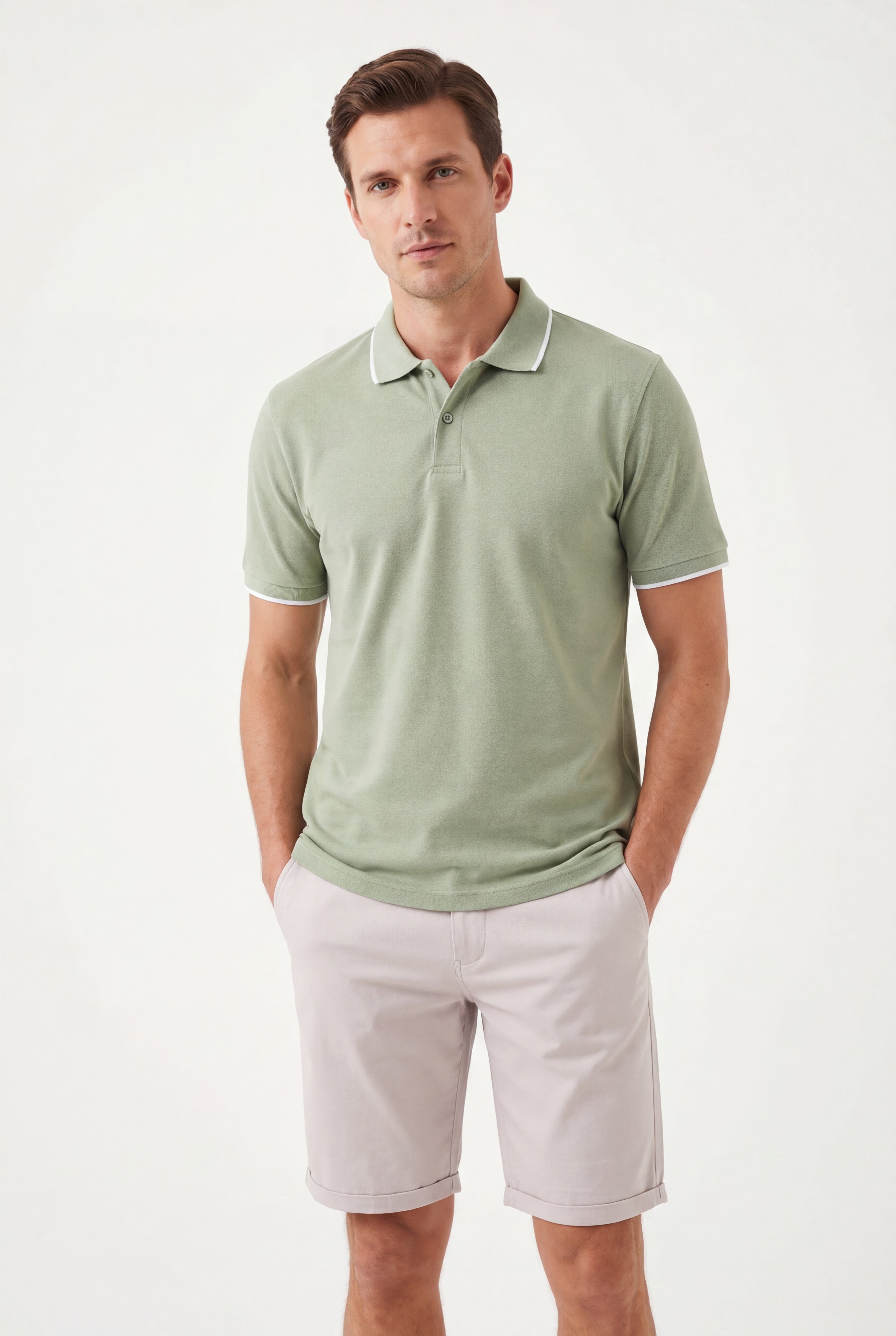 polo shirt -Mint-Green × Chino Short-Light-Grey — Combo Look