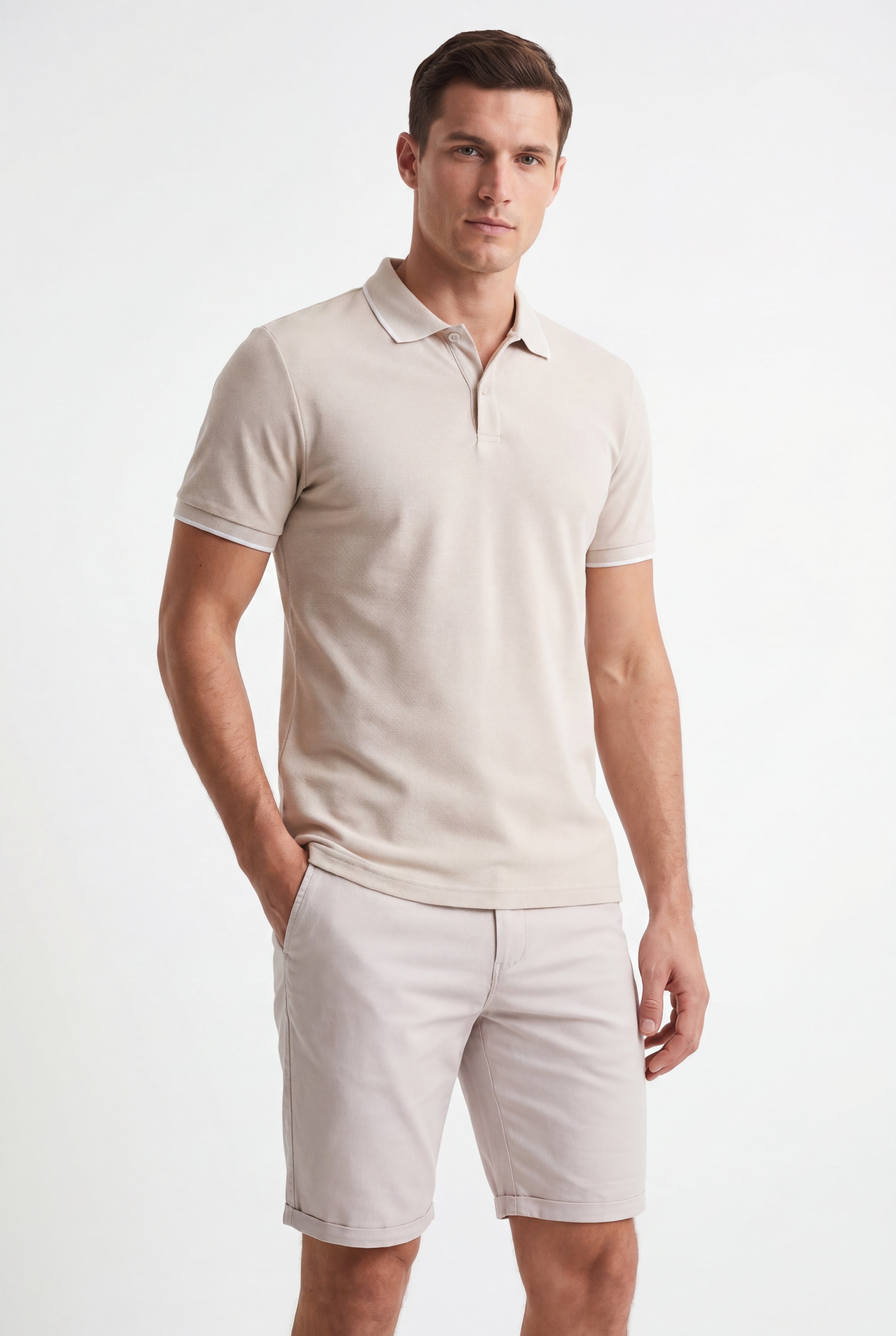 polo shirt -Beige × Chino Short-Light-Grey — Combo Look