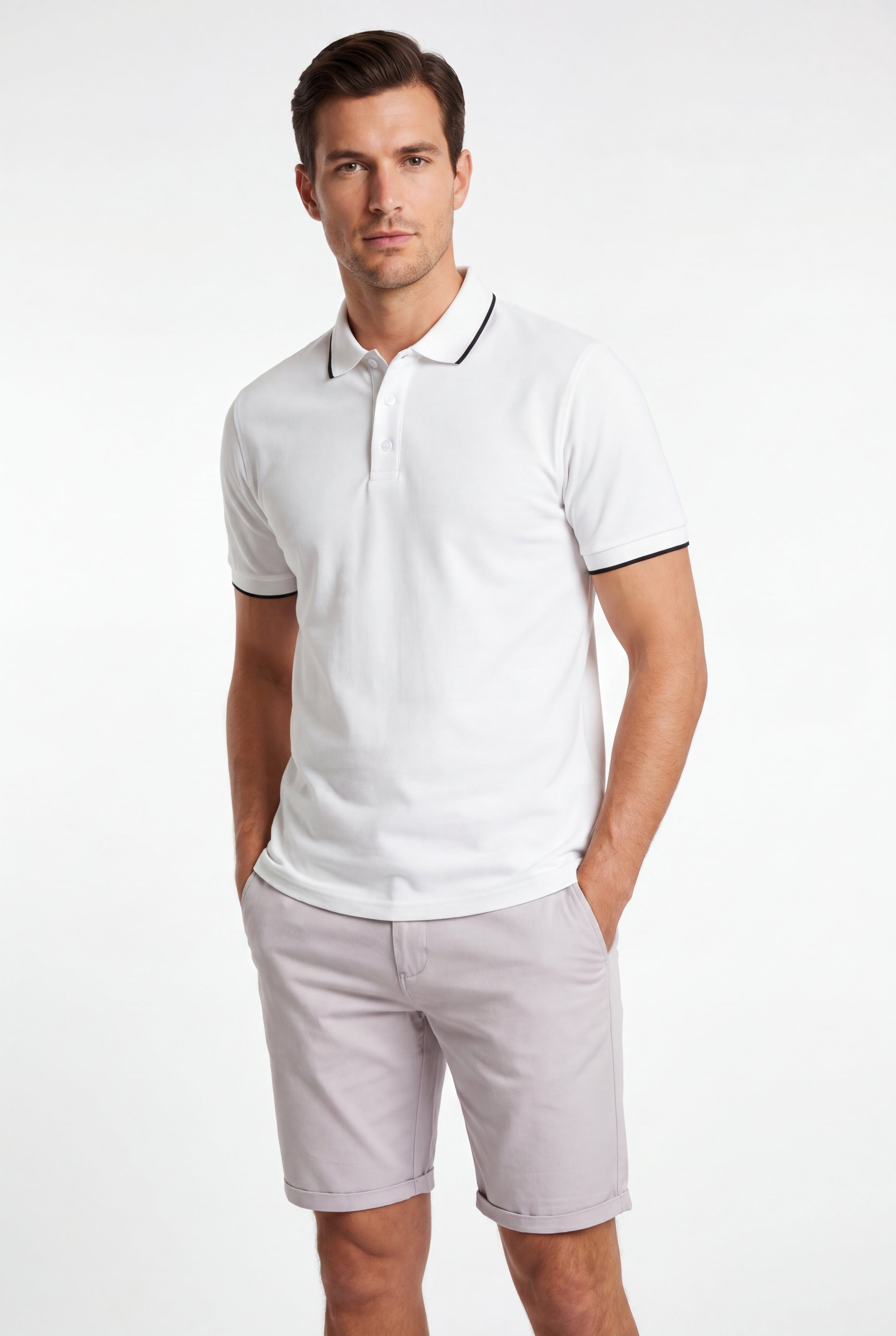 polo shirt -Ivory × Chino Short-Light-Grey — Combo Look
