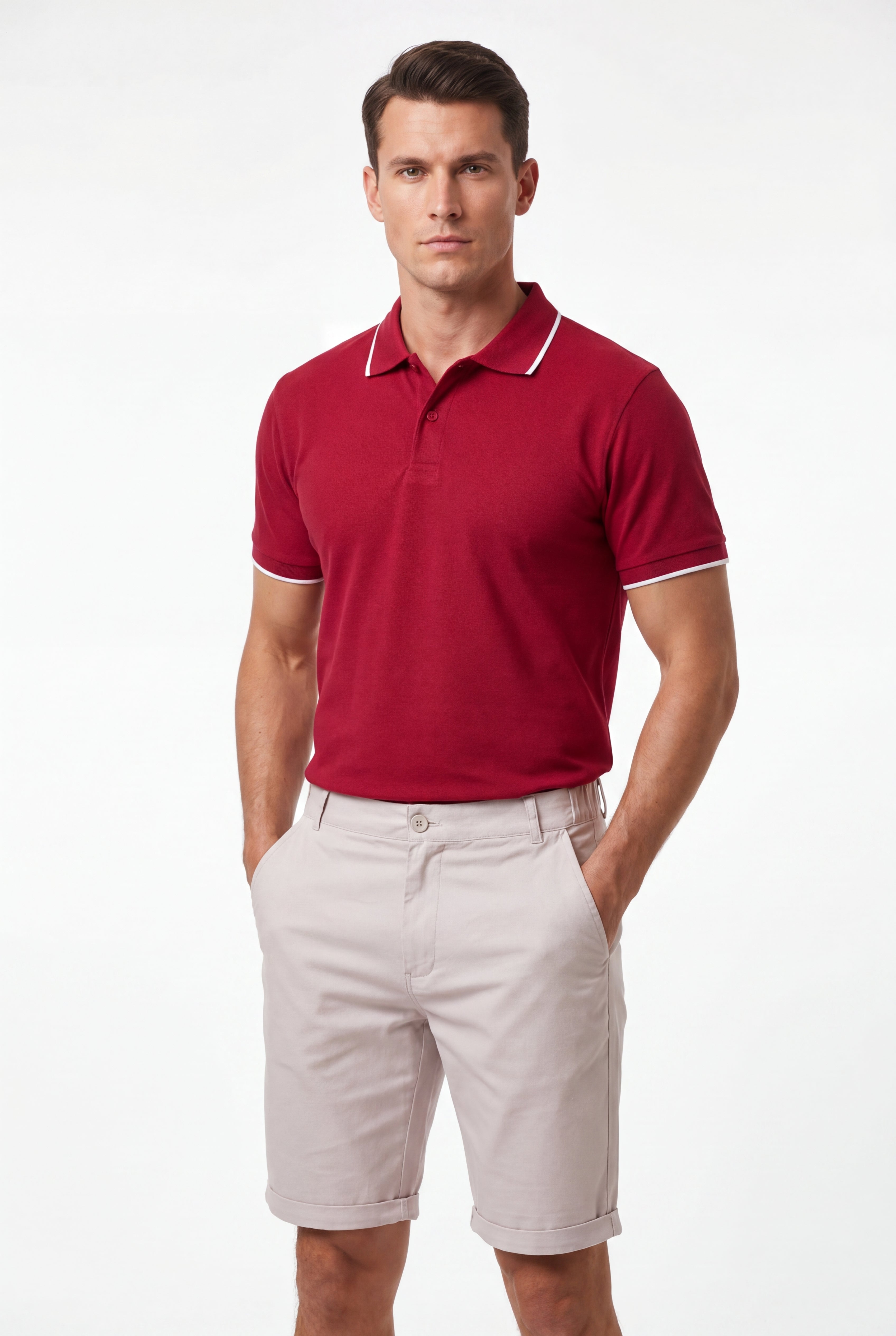 polo shirt -Burgundy × Chino Short-Light-Grey — Combo Look