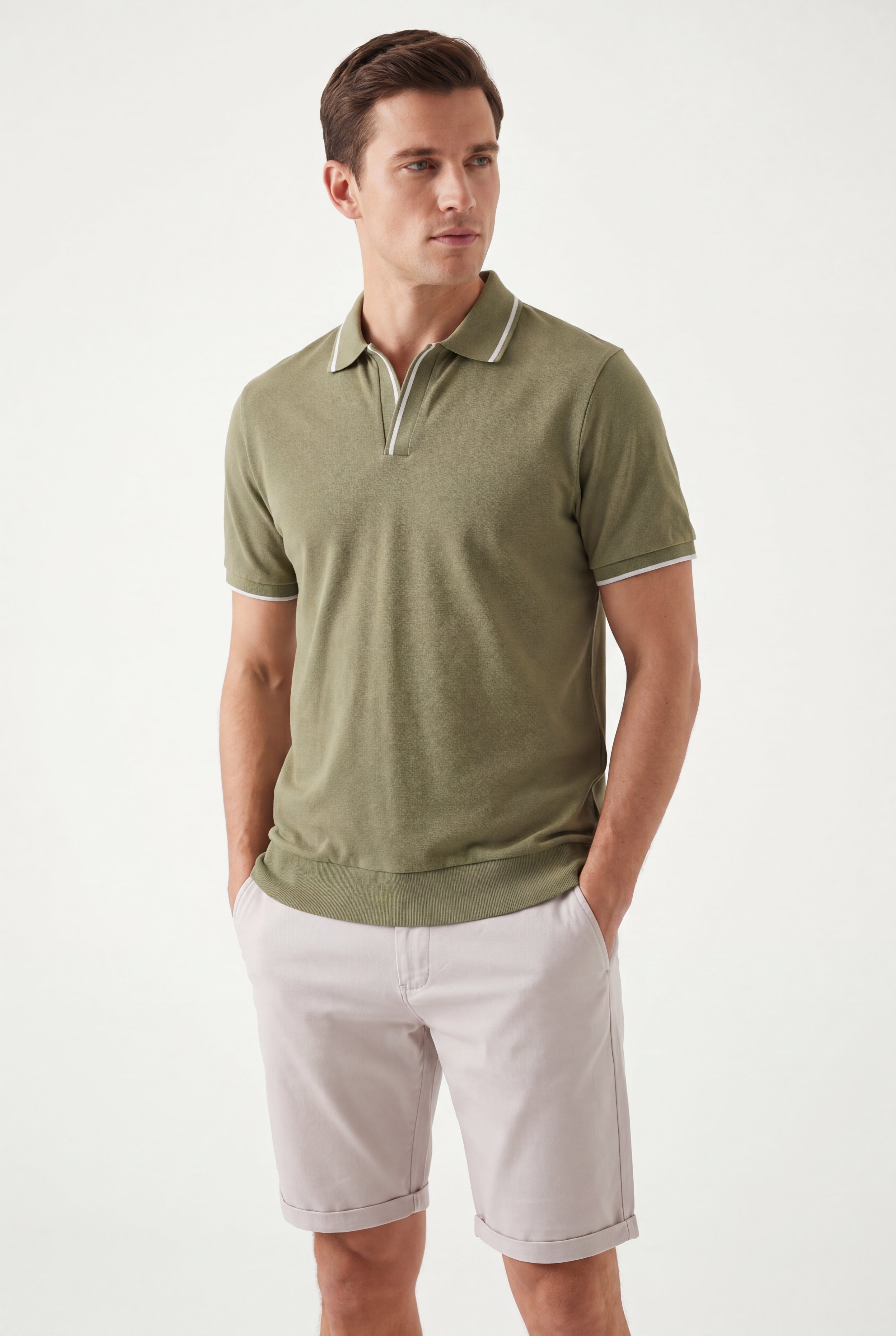 Open collar-Mint-Green × Chino Short-Light-Grey — Combo Look